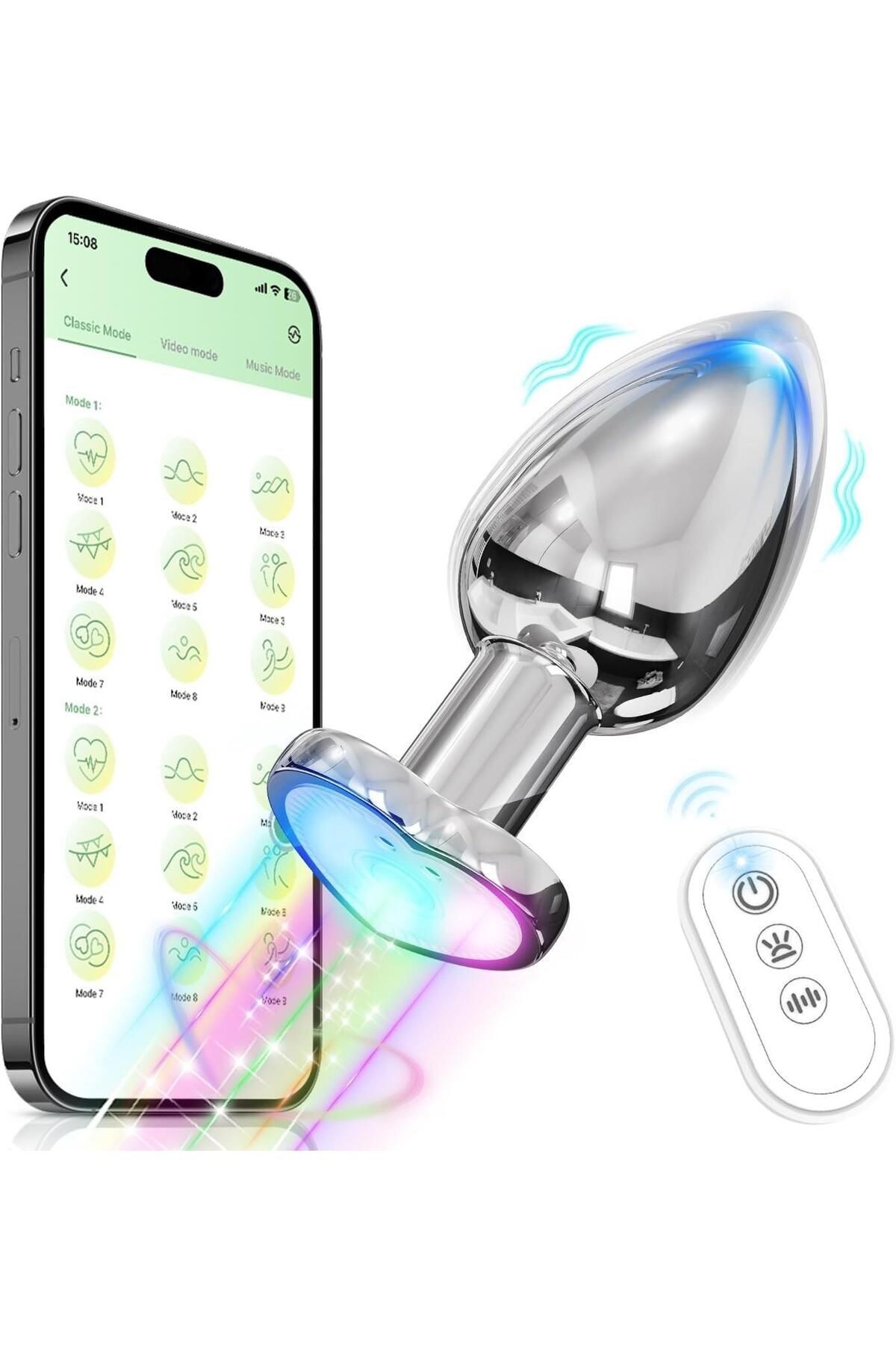 Telefon Kontrollü Uzaktan Kumandalı 10 Mod LED Işıklı 8,5 Cm Metal Plug Tıkaç Vibratör