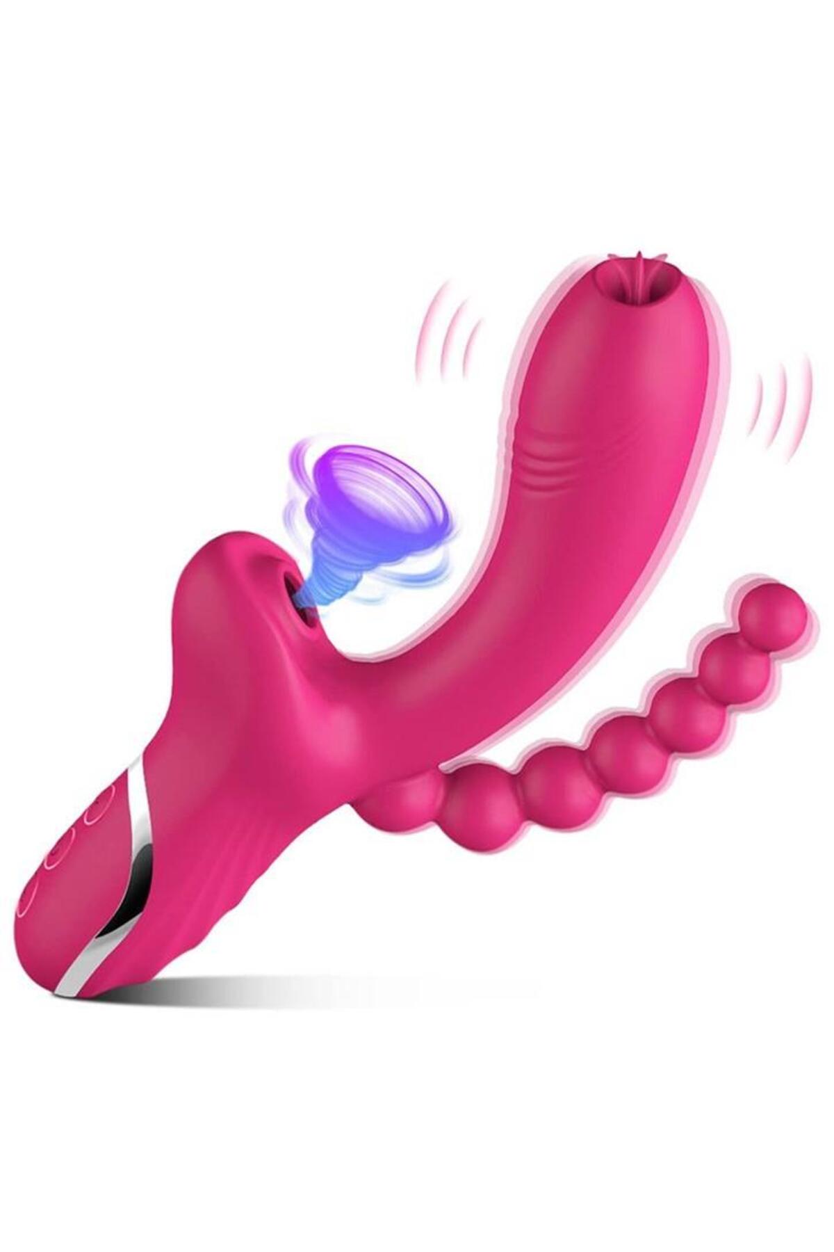 Dil Atabilen 10 Mod Titreşim 10 Klitoris Emiş Güçlü Şarjlı Anal Boğumlu G-Spot Üçlü Dildo Vibratör