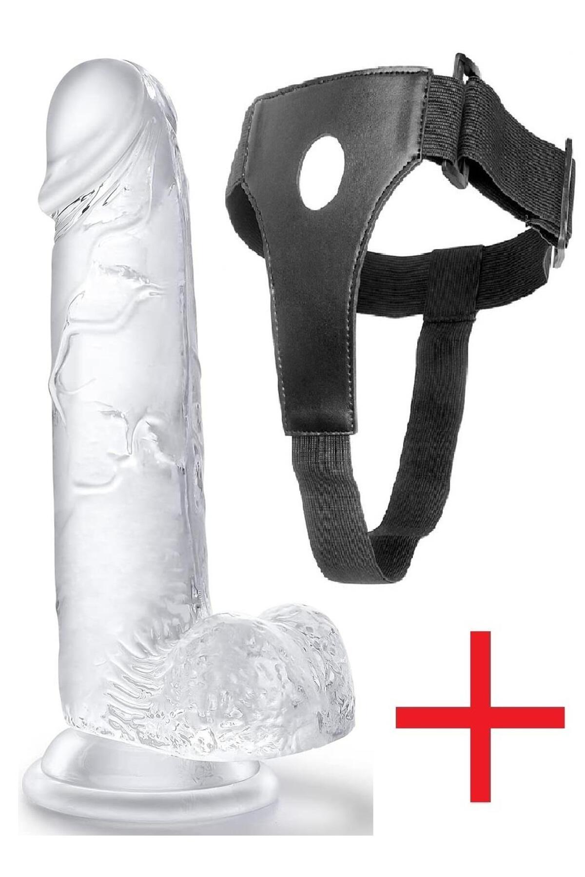 Belden Bağlamalı Şeffaf Jel Dokulu 17.5 Cm Vantuzlu Deri Kemerli Realistik Dildo