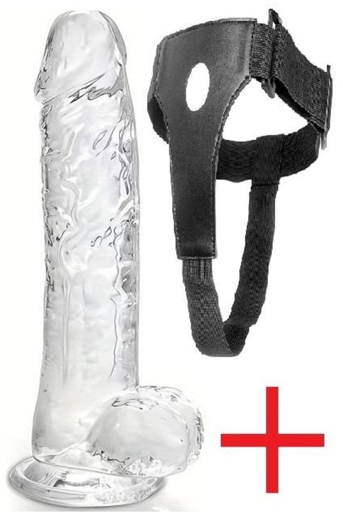 Belden Bağlamalı Şeffaf Jel Dokulu 21 Cm Vantuzlu Kemerli Realistik Dildo