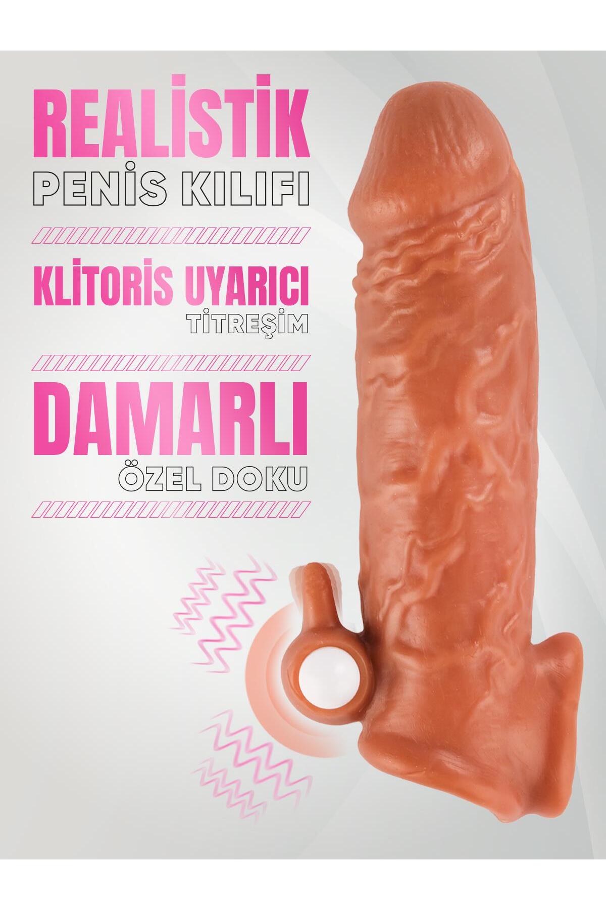 Gerçekçi Dokuda Titreşimli Dolgulu 3 Cm Uzatmalı 17 Cm Testis Tutacaklı Melez Realistik Penis Kılıfı