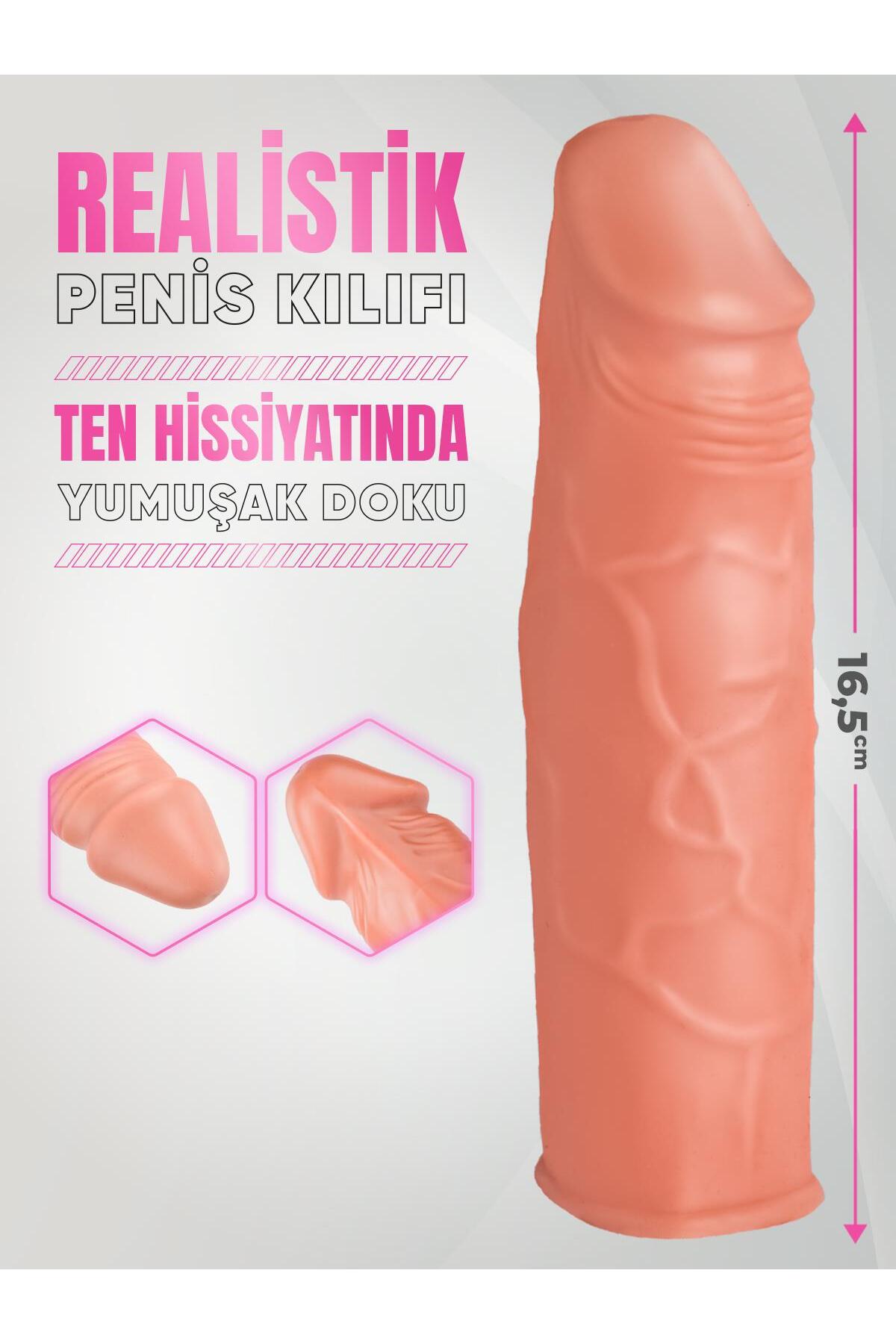 Uzatmalı Gerçekçi Hissiyat Et Dokusunda Esnek 3 Cm Dolgulu 16.5 Cm Realistik Penis Dildo Kılıfı