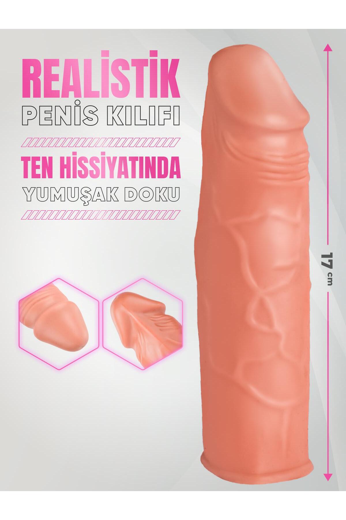 Tamamen Et Dokusunda 3 Cm Dolgulu 17 Cm Esnek Uzatmalı Gerçekçi Doku Realistik Penis Dildo Kılıfı