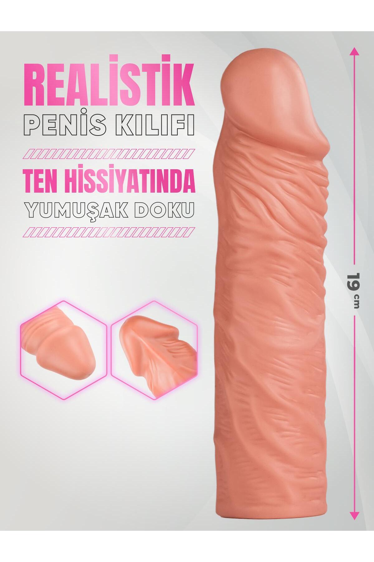 Yumuşak Et Dokusunda 4.5 Cm Dolgulu 19 Cm Gerçekçi Doku Uzatmalı Esnek Realistik Penis Dildo Kılıfı