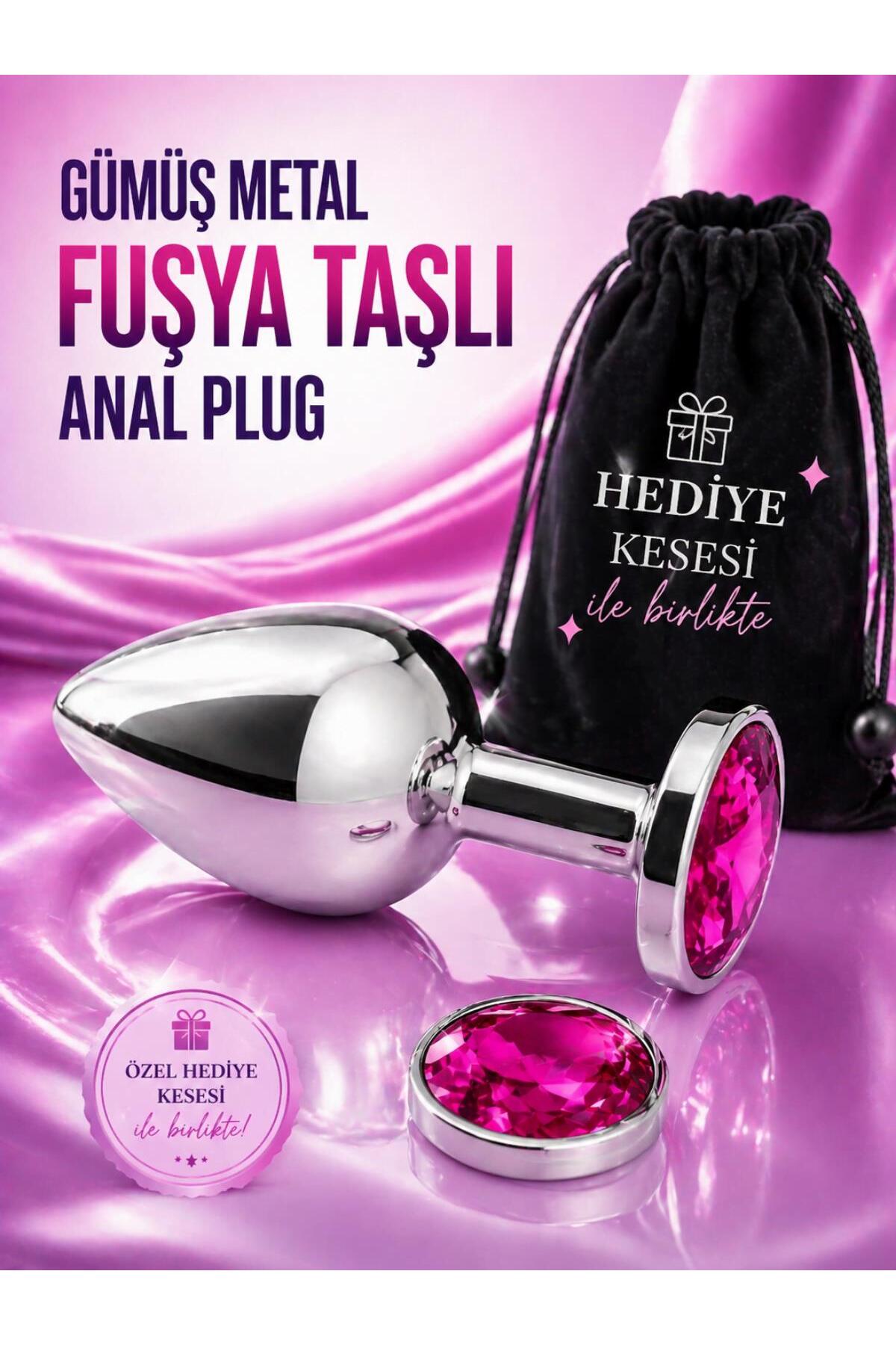 Gümüş Metal Fuşya Mücevher Taşlı Paslanmaz Çelik 7 Cm Anal Açıcı Genişletici Alıştırıcı Plug Tıkaç