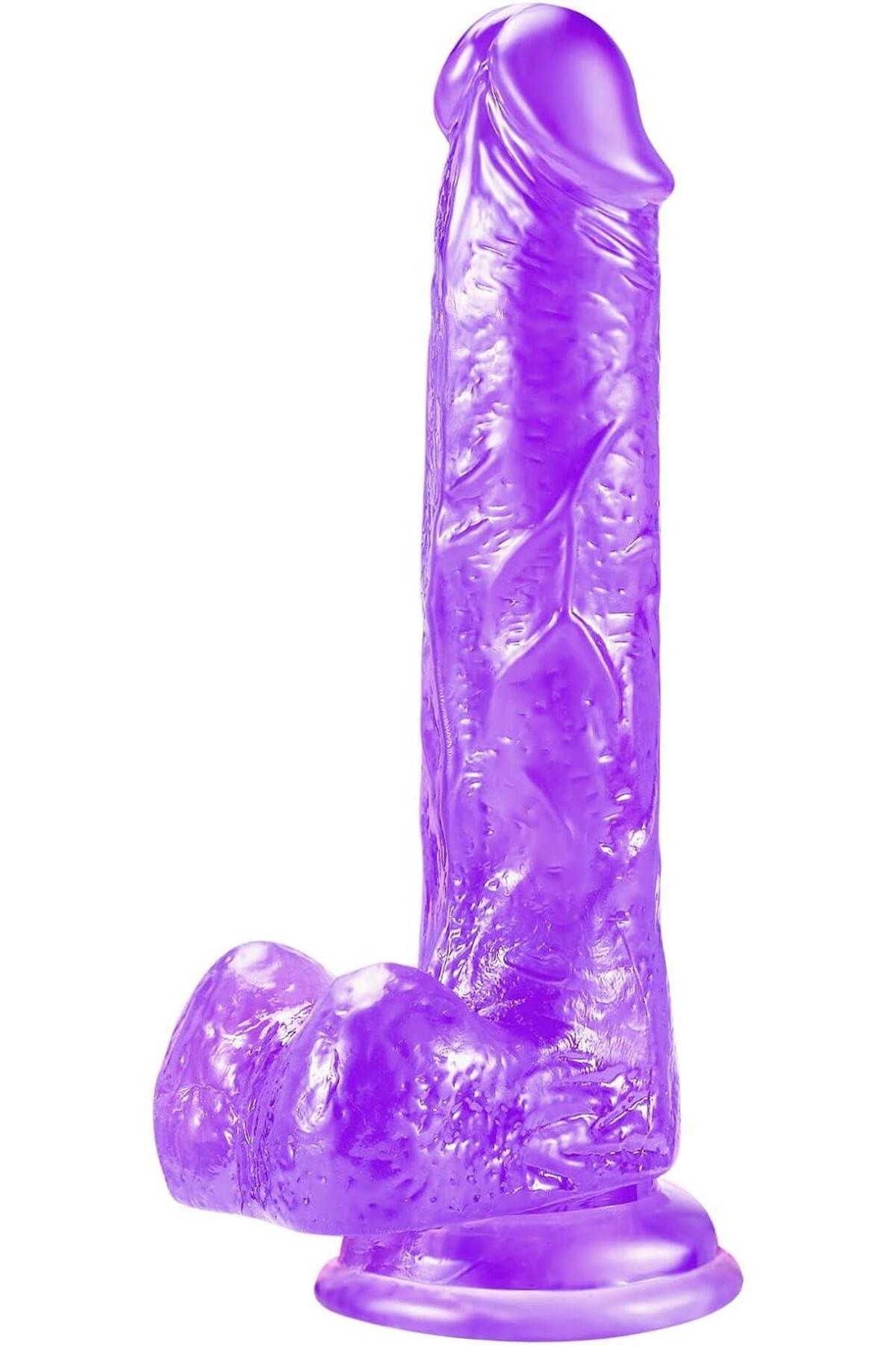 Mor Gerçekçi Yumuşak Esnek Jel Dokuda 18 cm Penis Vajina Anal Kullanılabilen Güçlü Vantuzlu Dildo
