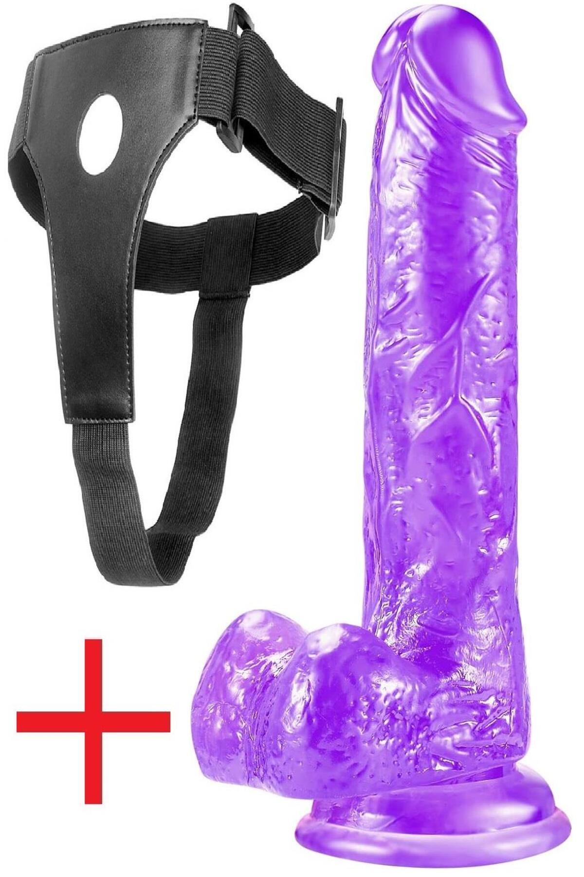 Yumuşak Mor Jel Dokuda Belden Bağlamalı 17.5 Cm Deri Kemerli Vantuzlu Realistik Takma Dildo Penis