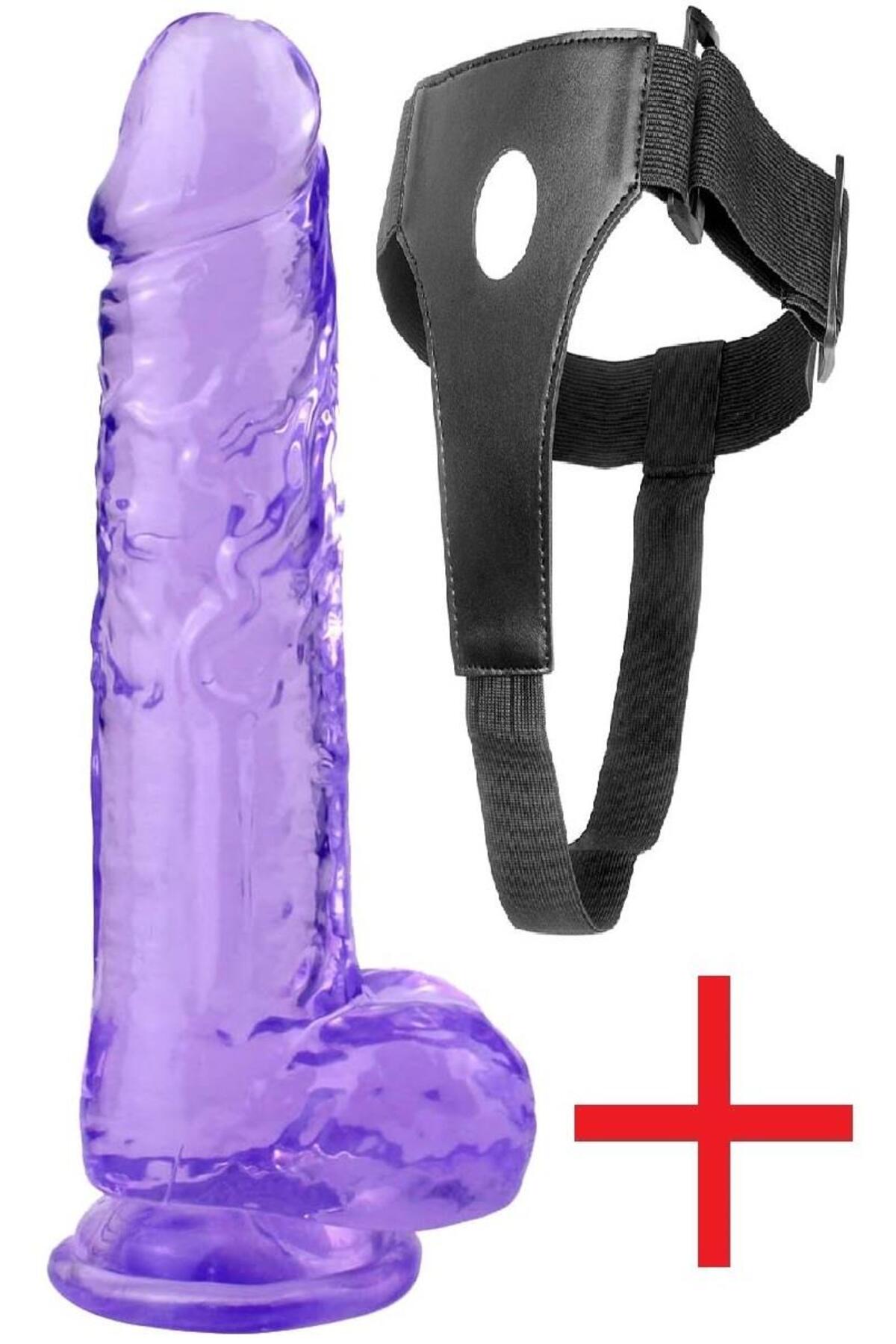 Ultra Yumuşak Mor Jel Dokuda Kemerli 23 Cm Belden Bağlamalı Vantuzlu Realistik Takma Penis Dildo