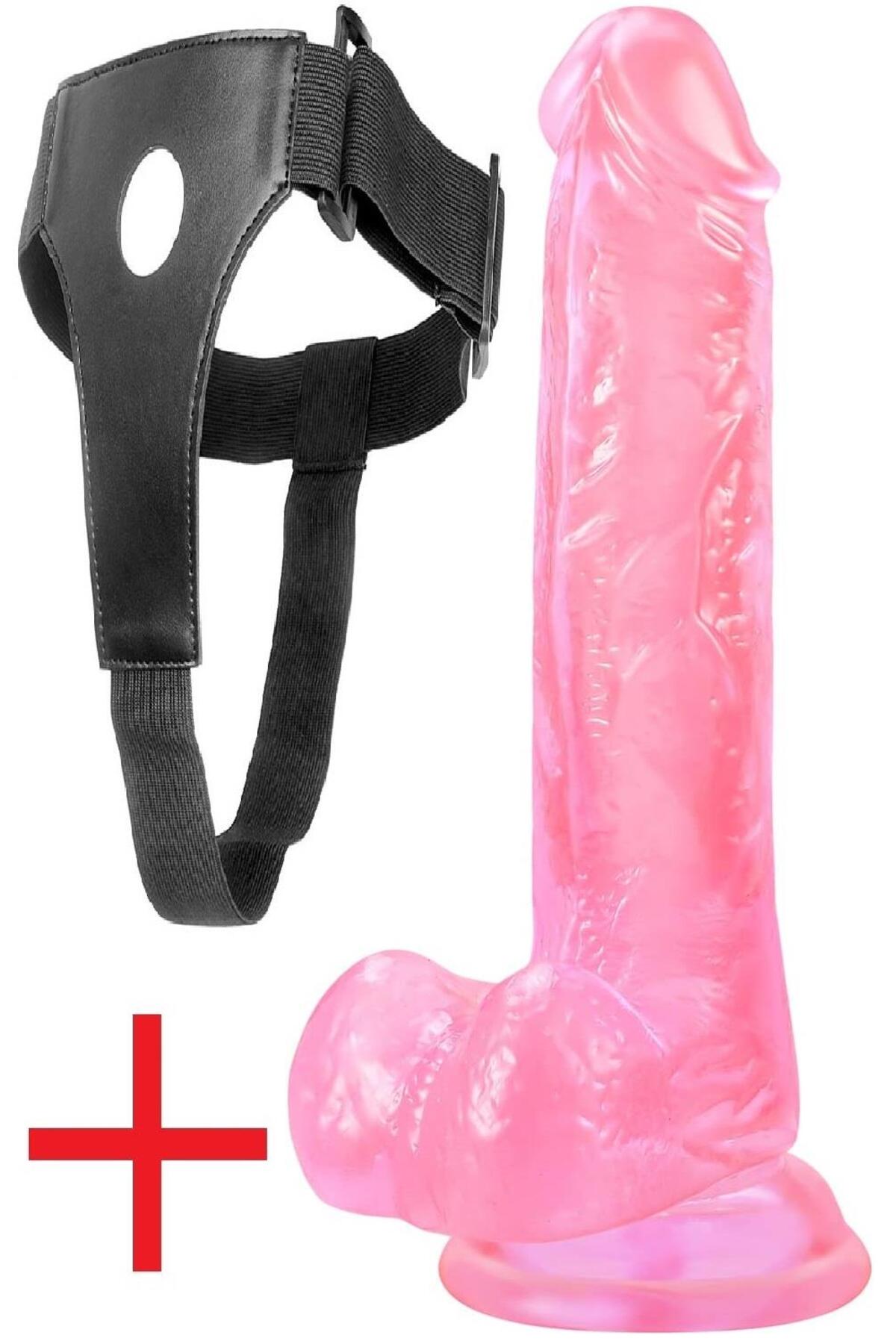 Yumuşak Pembe Jel Dokulu 18,5 Cm Vantuzlu Deri Kemerli Realistik Dildo