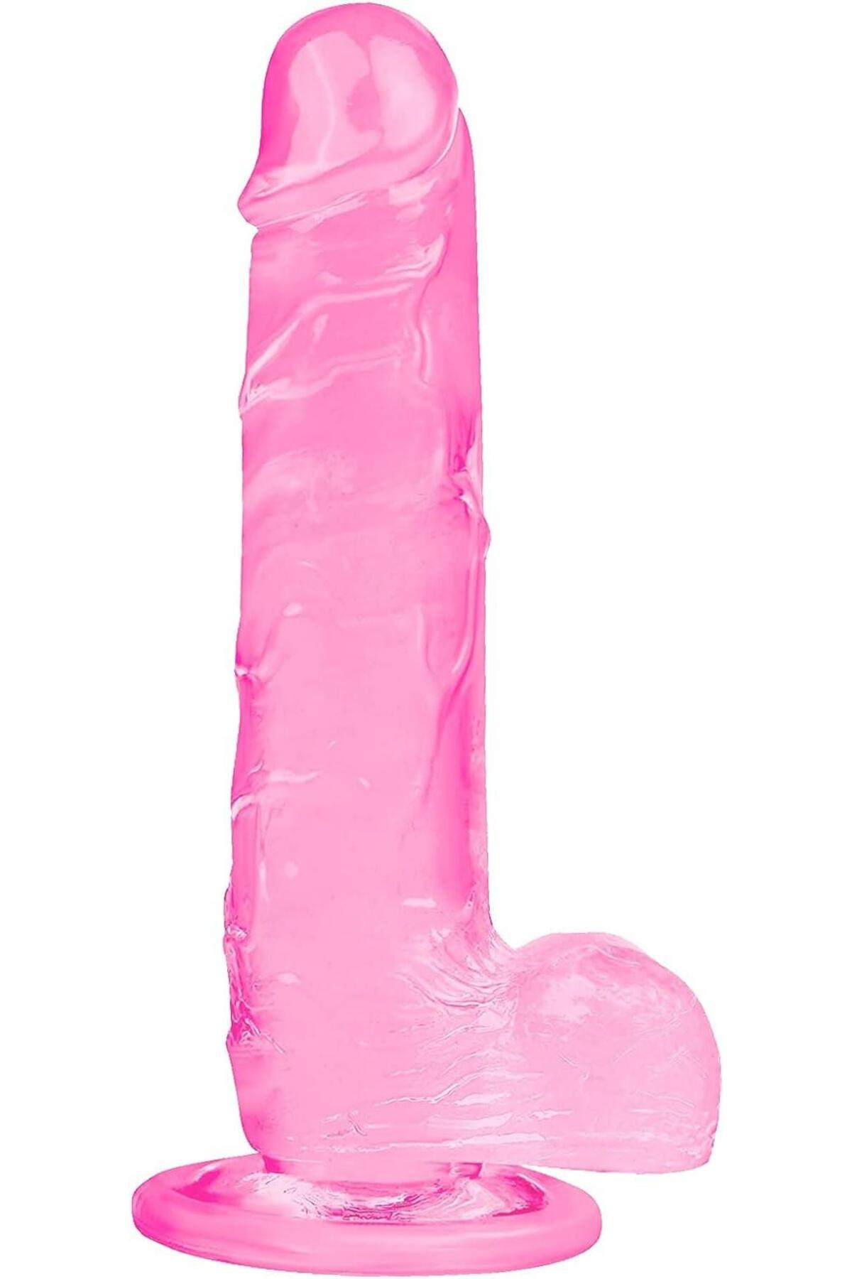 Pembe Jel Dokulu 21,5 Cm Esnek Testis Detaylı Güçlü Vantuzlu Realistik Aparat