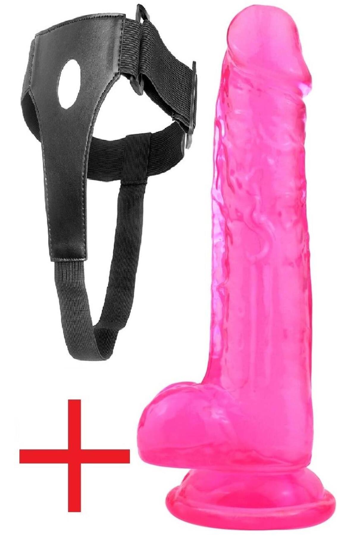 Belden Bağlamalı Kemerli Esnek Yumuşak Pembe Jel Dokuda 23.5 Cm Vantuzlu Realistik Takma Penis Dildo