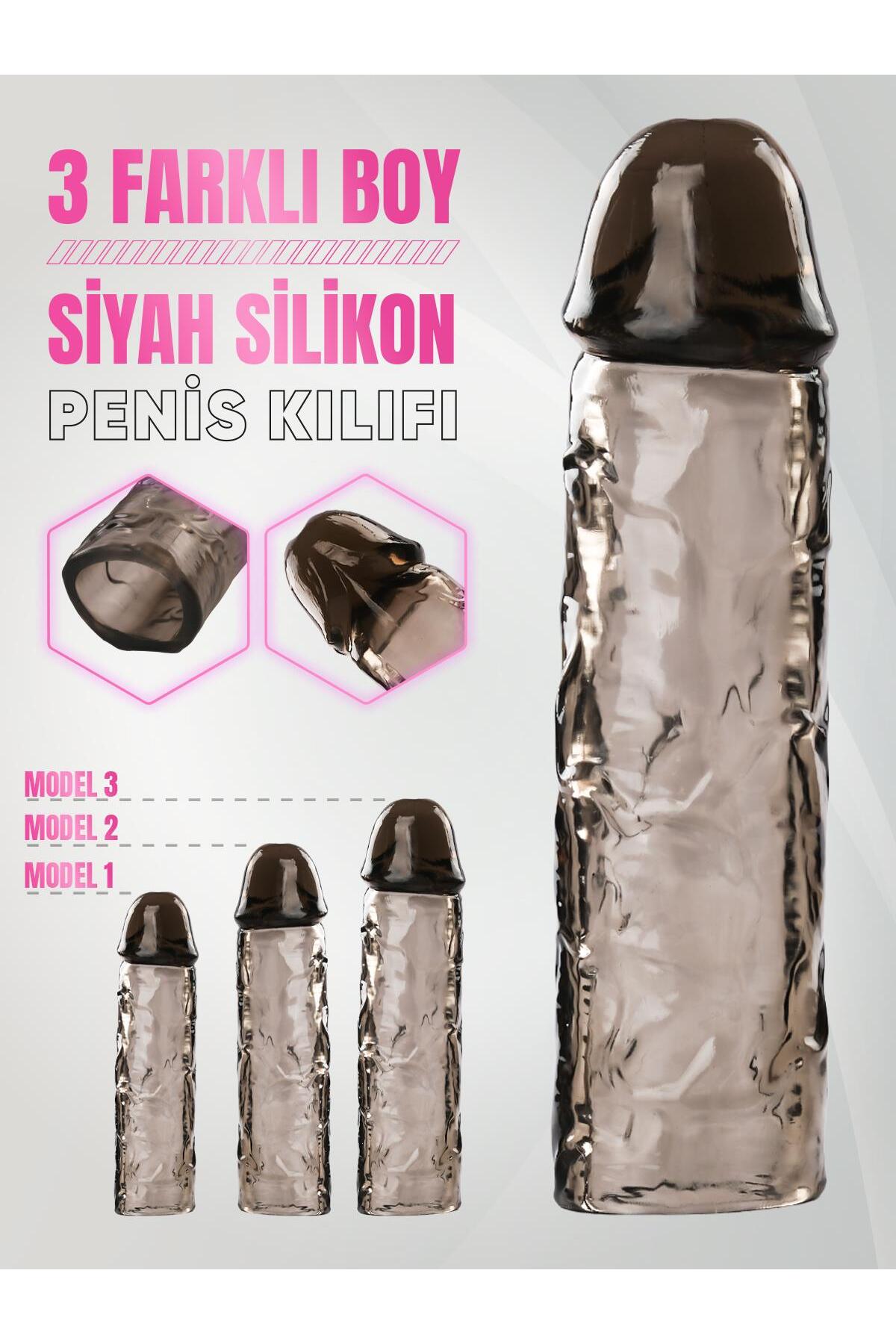 Dolgulu Uzatmalı Esnek Soft Silikon Doku Kolay Takılabilen Siyah 3'lü Prezervatif Penis Kılıfı Seti