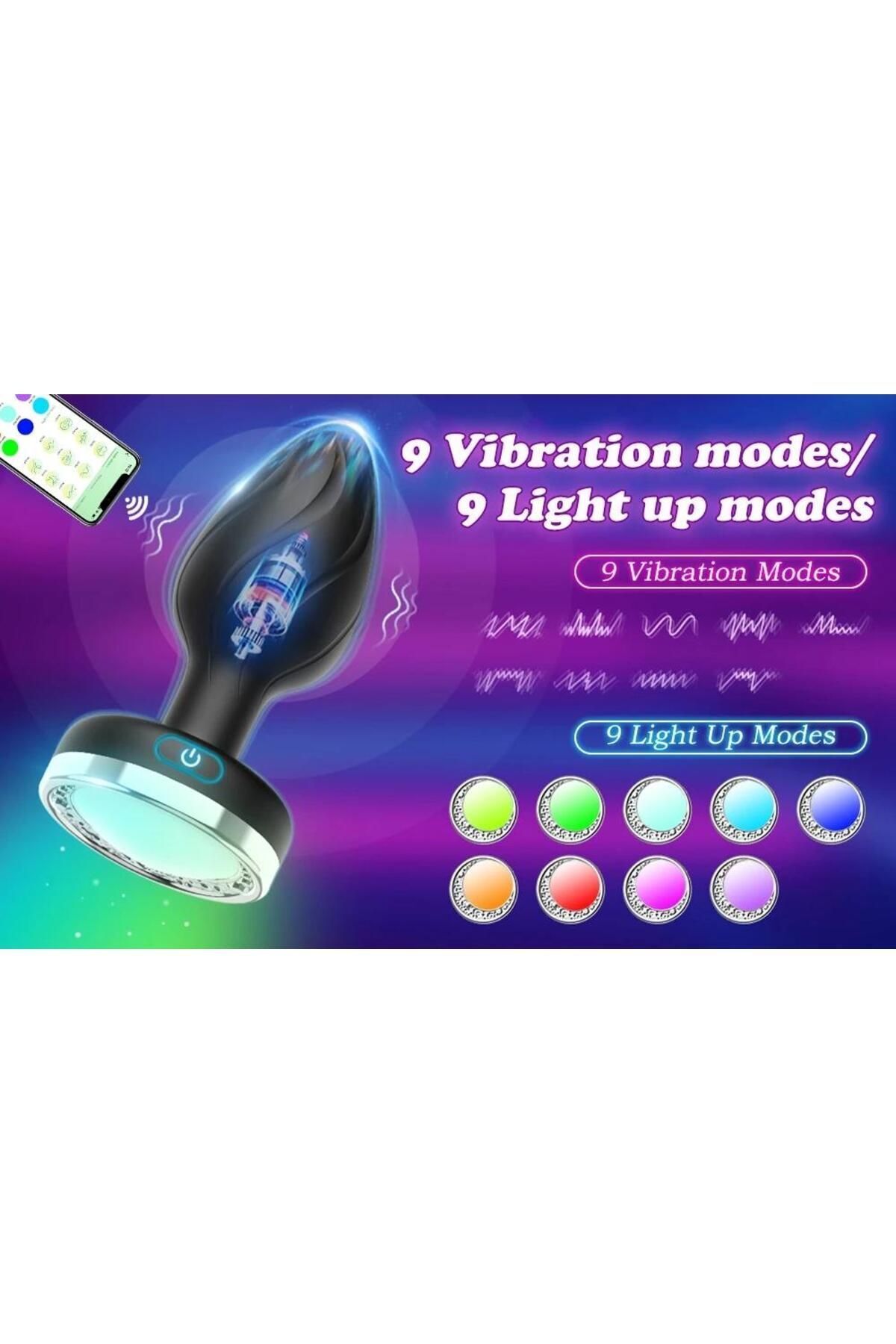 Telefon Uygulama Kontrollü Şarjlı Farklı Led Işıklar Modlu Titreşim Silikon Anal Plug Tıkaç Vibratör