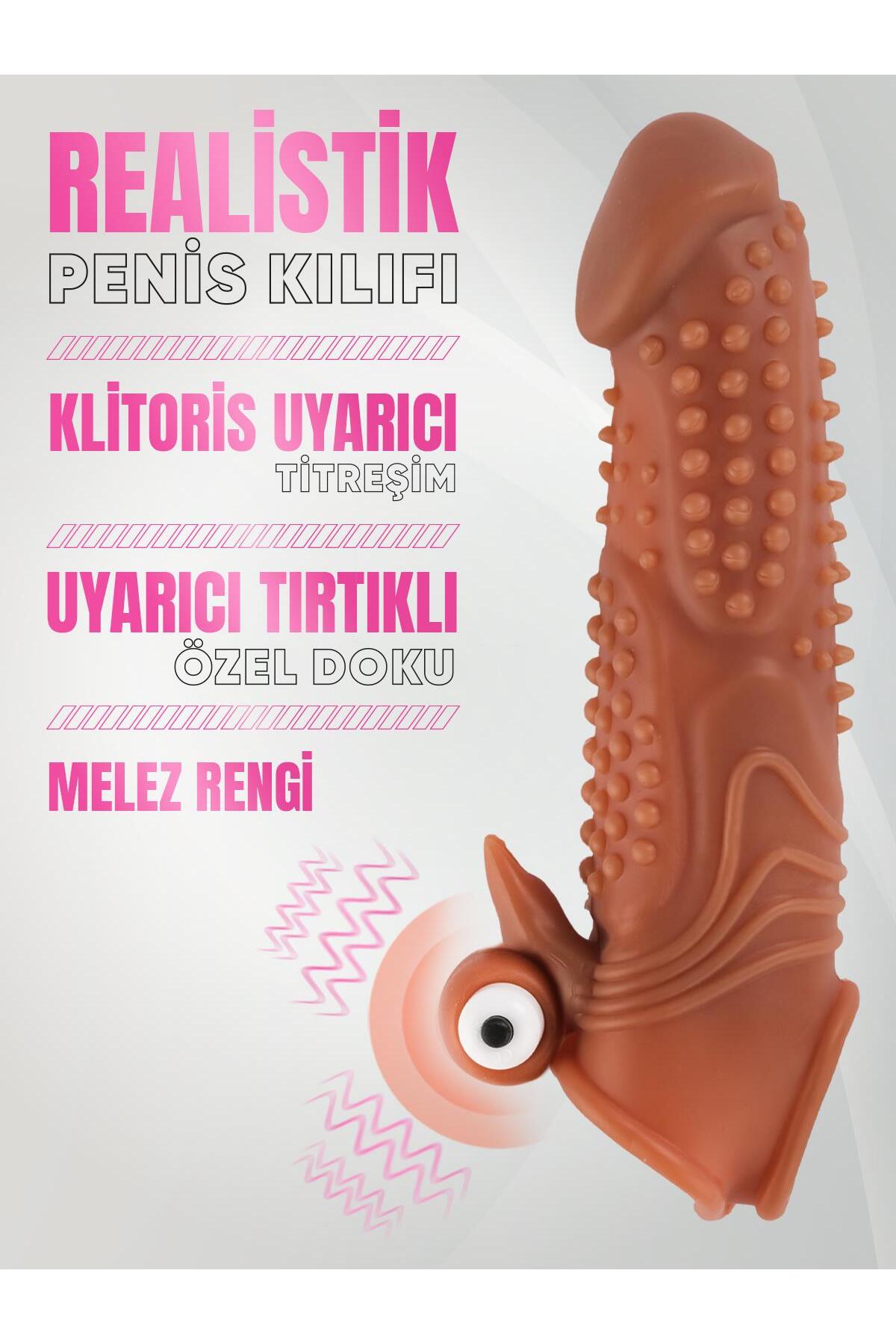 Uyarıcı Tırtıklı Titreşimli Uzatmalı 3 Cm Dolgulu 19 Cm Testis Tutacaklı Melez Realistik Penis Kılıf