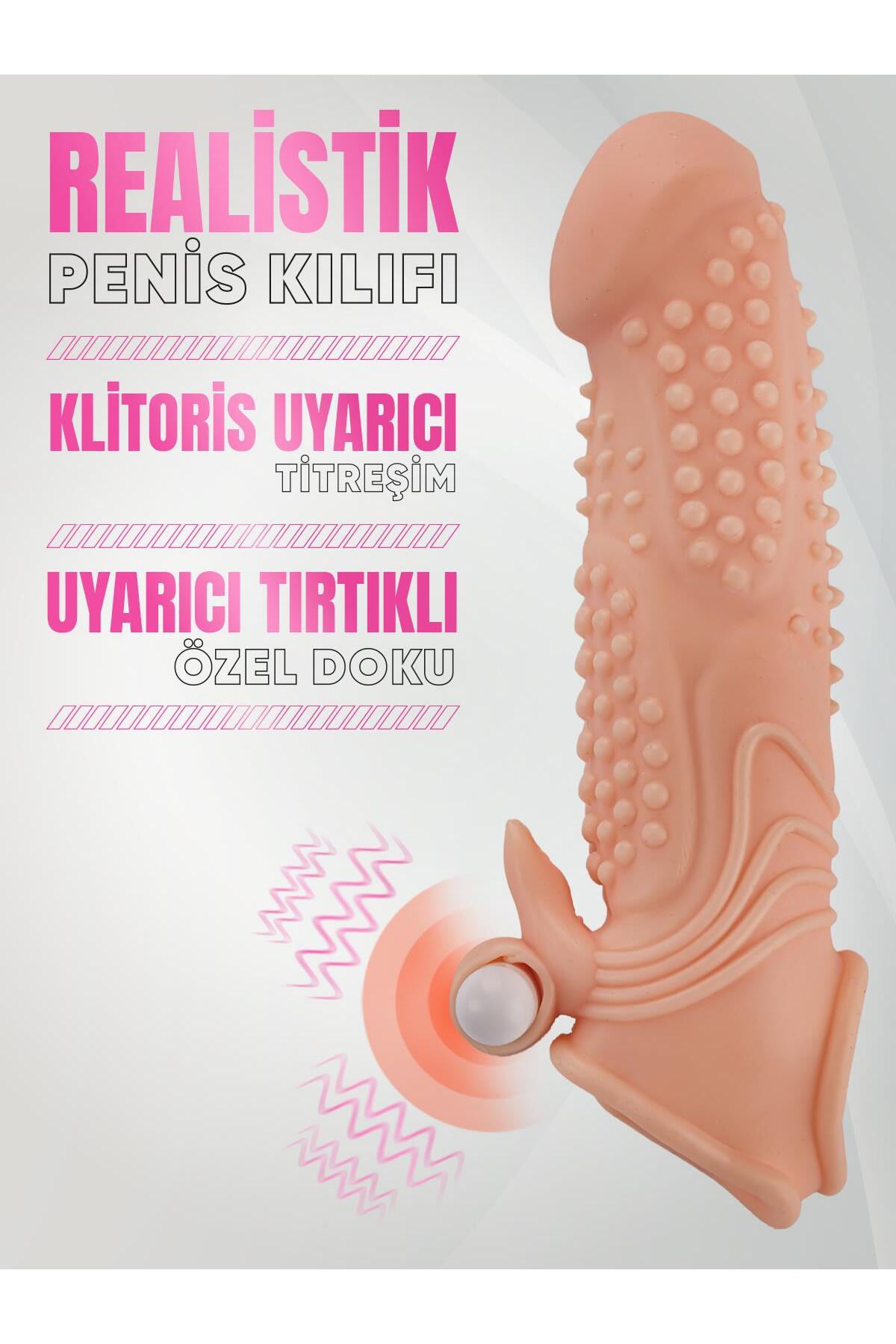 Uzatmalı Uyarıcı Tırtıklı Titreşimli 3 Cm Dolgulu 19 Cm Testis Tutacaklı Realistik Penis Kılıfı