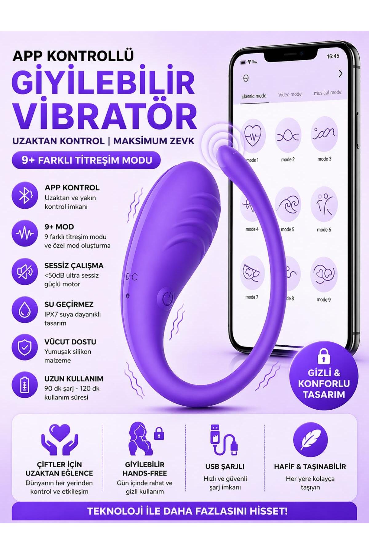 Giyilebilir App Uzaktan Telefon Kontrollü 9 Farklı Titreşim Modları Usb Şarjlı Uygulamalı Vibratör