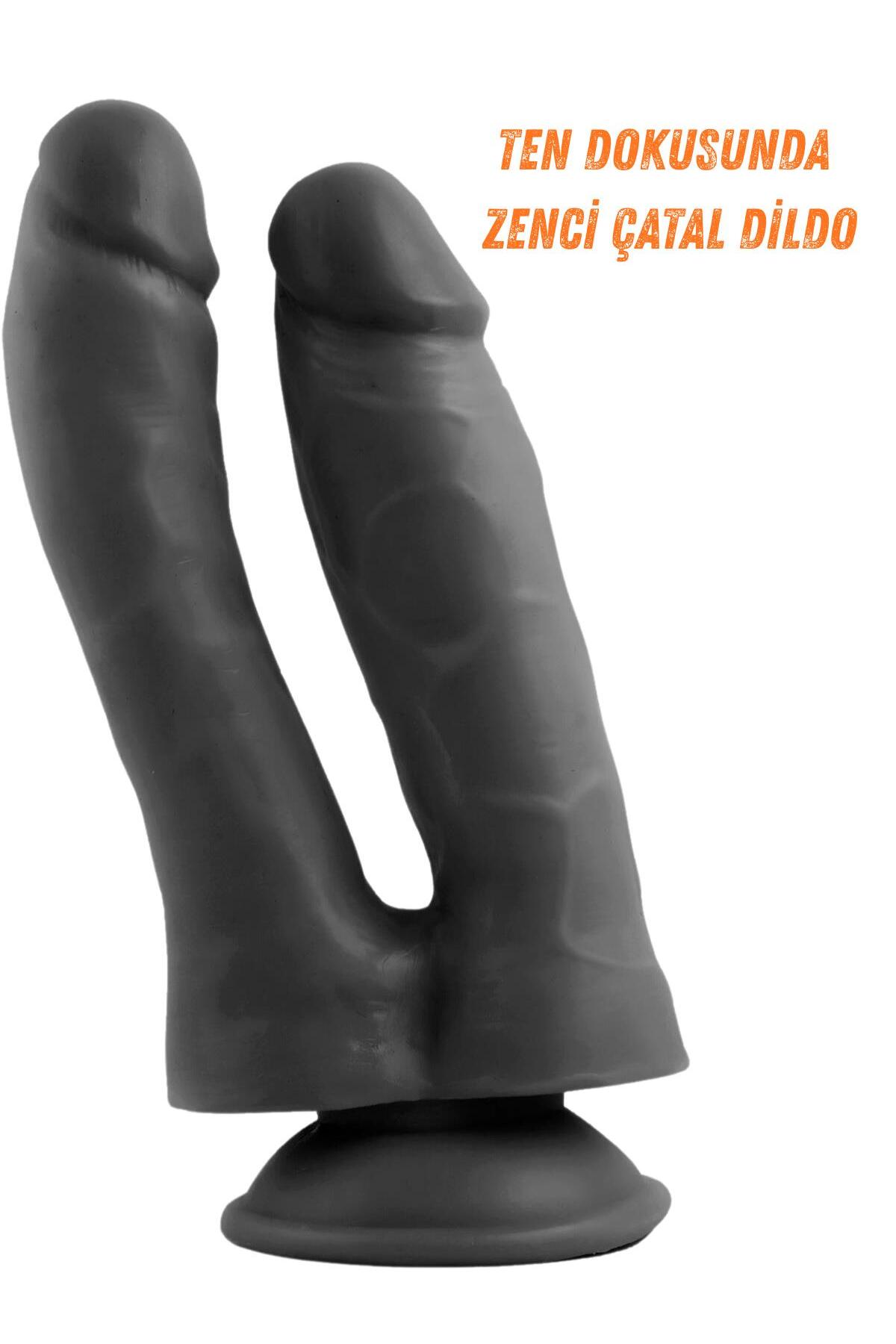 Siyah Çift Başlıklı Gerçekçi Dokulu 18 Cm Çatal Güçlü Vantuzlu Realistik Dildo