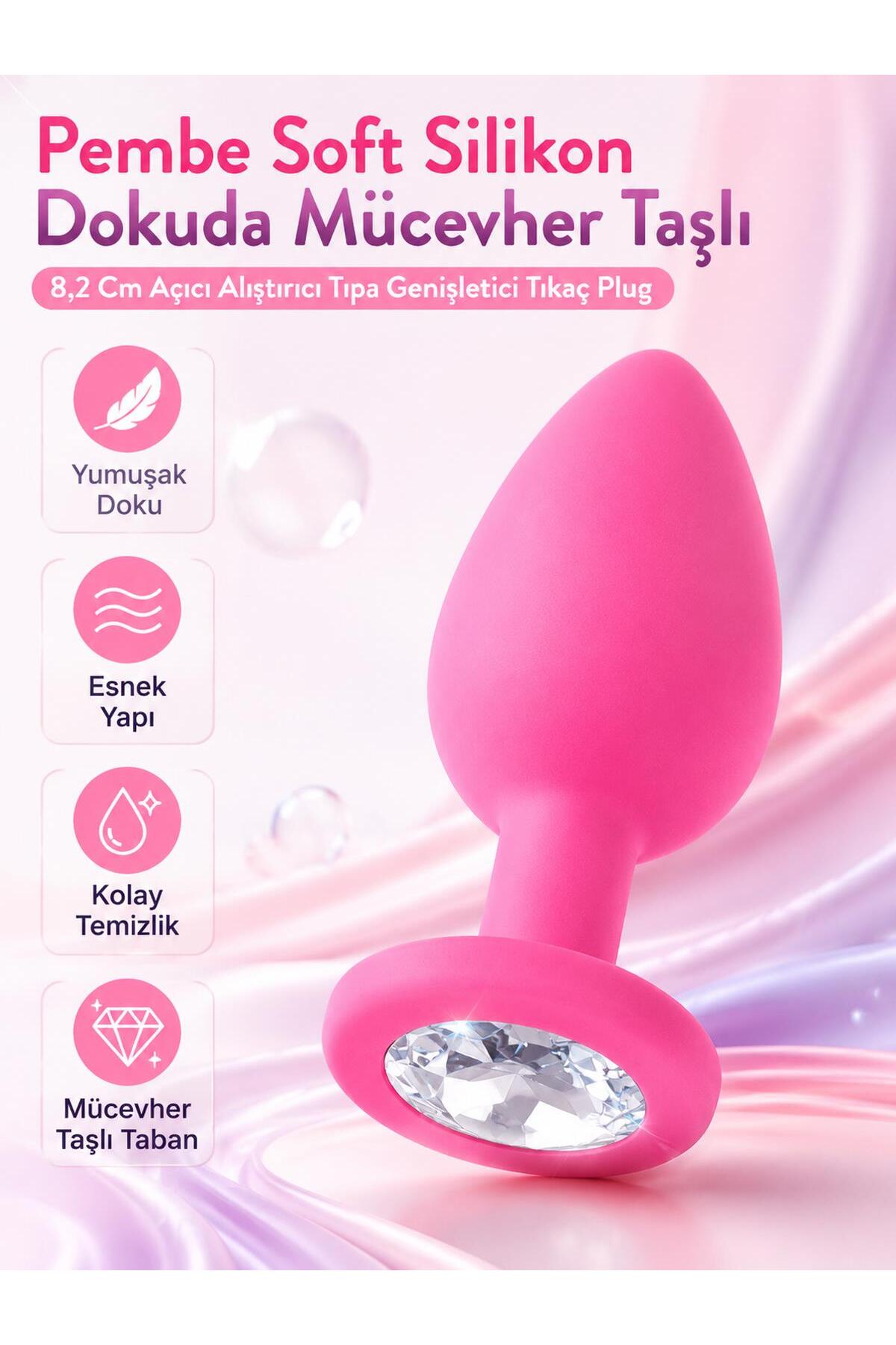 Pembe Soft Silikon Dokulu Mücevher Taşlı 8,2 Cm Alıştırıcı Tıkaç Plug