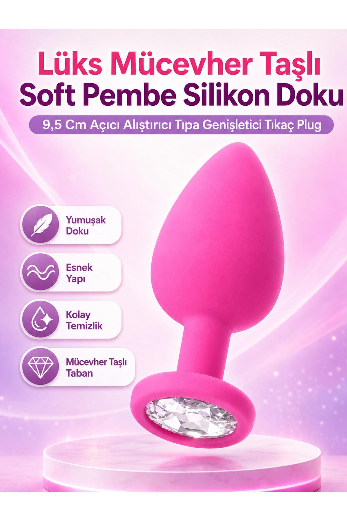 Lüks Mücevher Taşlı Soft Pembe Silikon Doku 9,5 Cm Anal Açıcı Alıştırıcı Tıpa Genişletici Tıkaç Plug