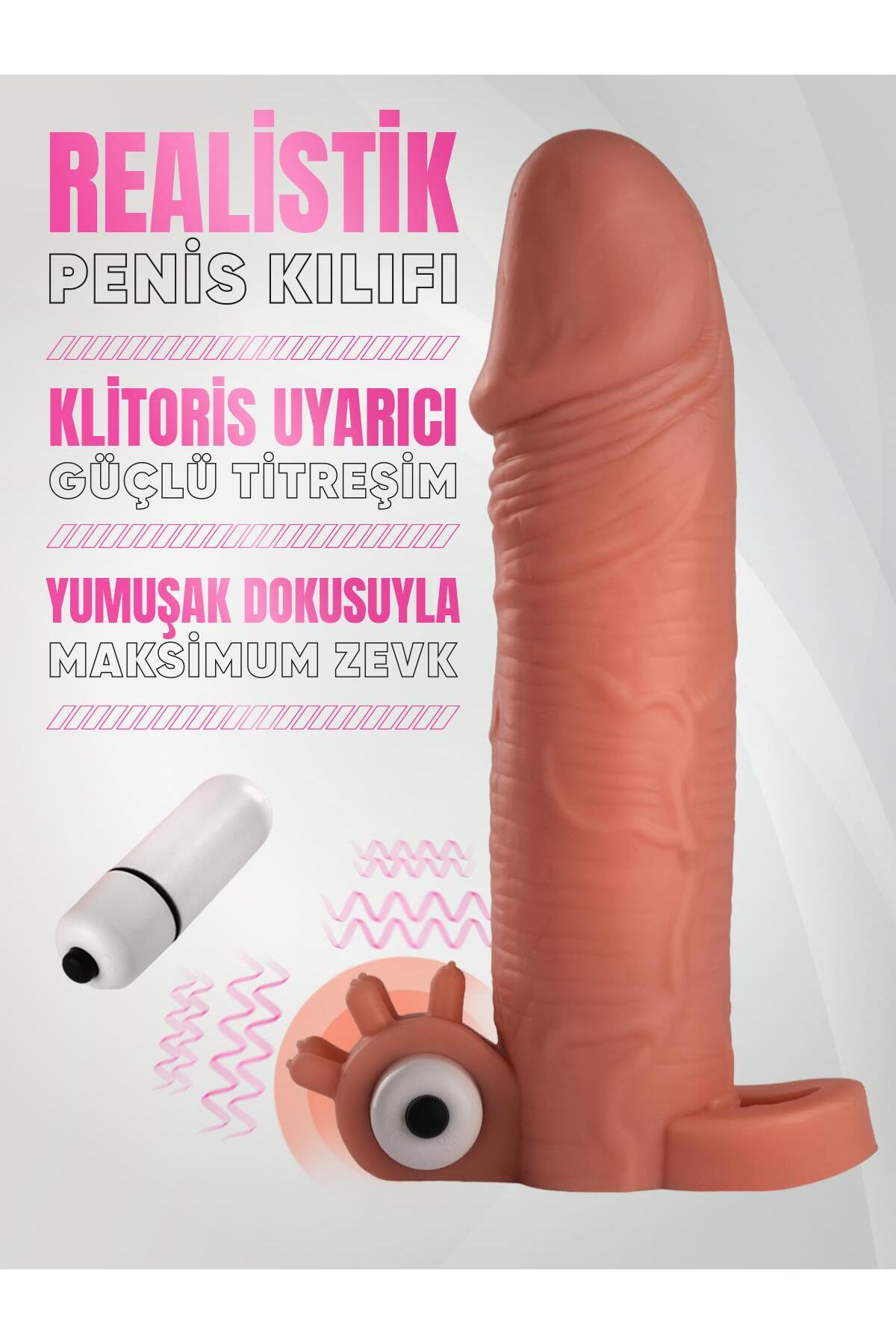 Güçlü Klitoris Titreşimli Gerçekçi Dokuda 5 Cm Dolgulu Uzatmalı 17 Cm Testis Tutacaklı Penis Kılıfı