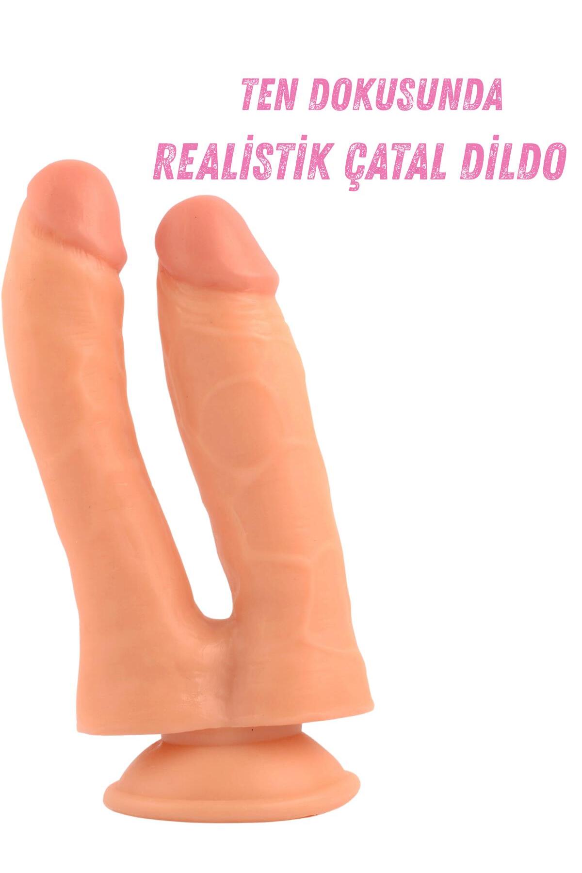 Ten Renginde Çift Başlıklı Vantuzlu Gerçekçi Et Dokusunda Anal Vajinal Dildo Çatal Realistik Penis