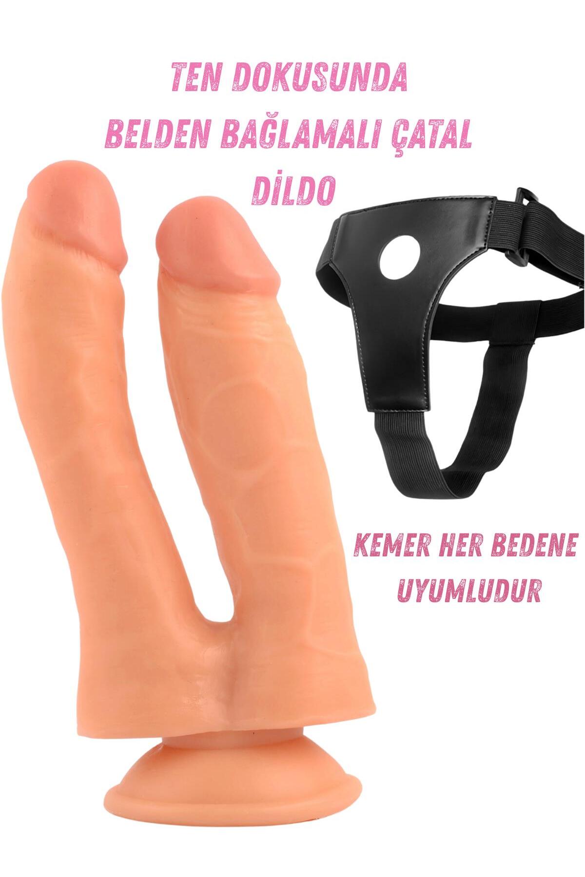 Gerçekçi Soft Esnek Realistik Doku Çift Başlıklı Kemerli Belden Bağlamalı Vantuzlu Çatal Penis Dildo
