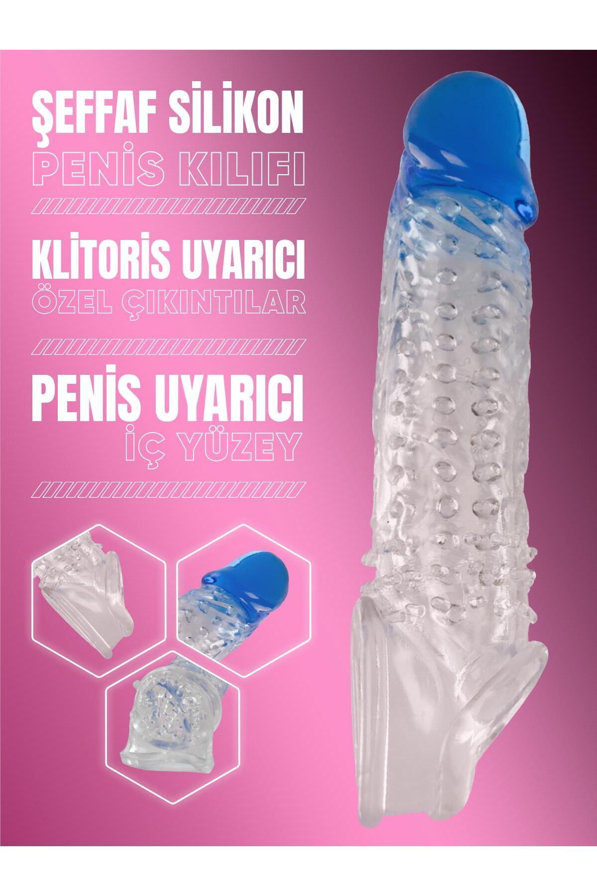 Dolgulu Uyarıcı Tırtıklı Şeffaf Mavi Silikon 4 Cm Uzatmalı 21.5 Cm Testise Geçirmeli Penis Kılıfı