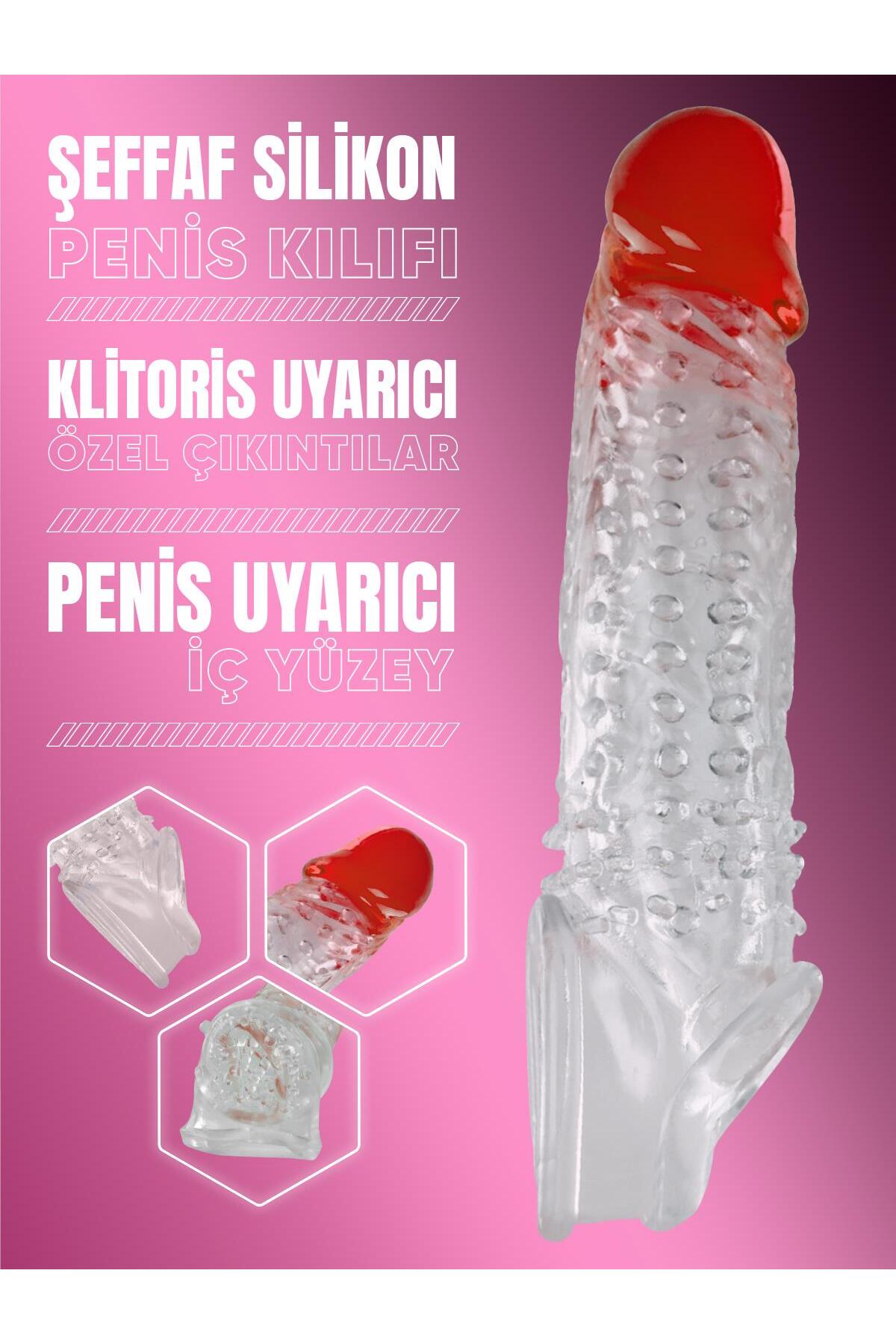 Uyarıcı Tırtıklı 4 Cm Dolgulu Uzatmalı Şeffaf Kırmızı Silikon 21.5 Cm Testise Tutacaklı Penis Kılıfı