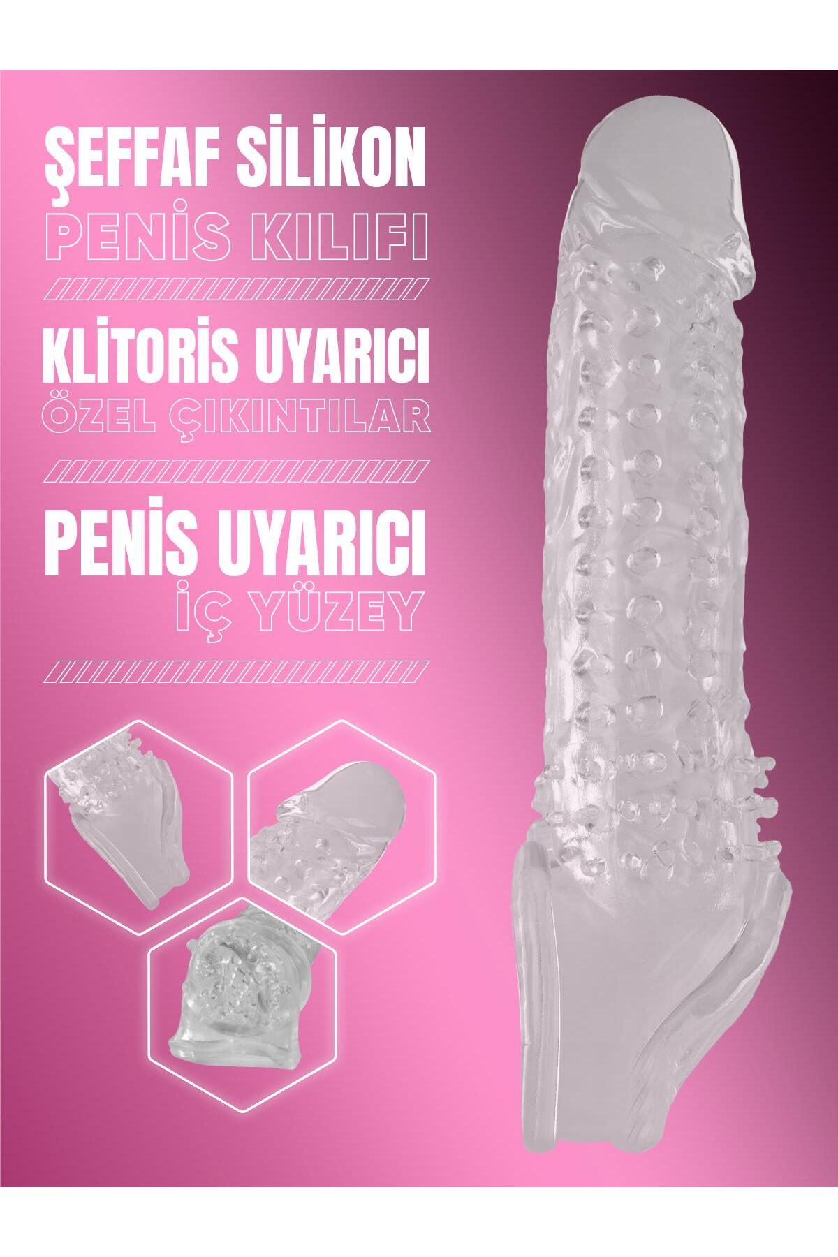 Uzatmalı Dış Bölge Uyarıcılı Tırtıklı Şeffaf Silikon 20 Cm Testis Tutacaklı Erkek Kılıfı