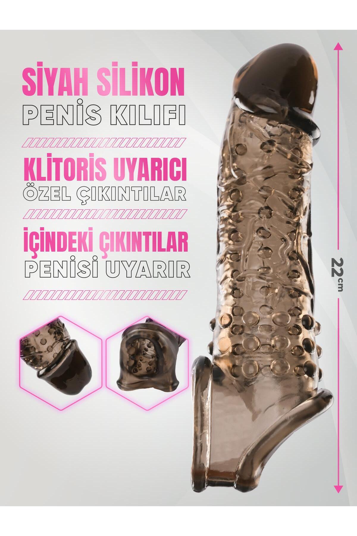 Uzatmalı Tırtıklı Siyah Silikon Dokulu 22 Cm Testis Tutacaklı Erkek Kılıfı