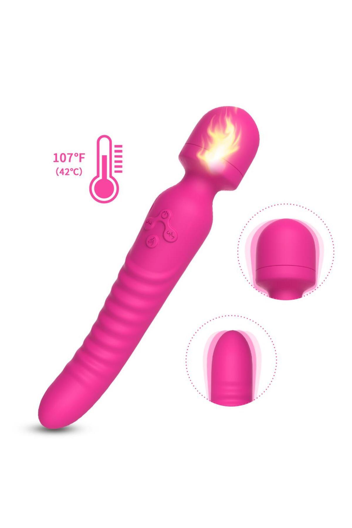 Çift Taraflı Kullanılabilen Silikon Doku 9 Mod Titreşim Şarjlı Isıtıcılı Dildo Orgazm Masaj Vibratör