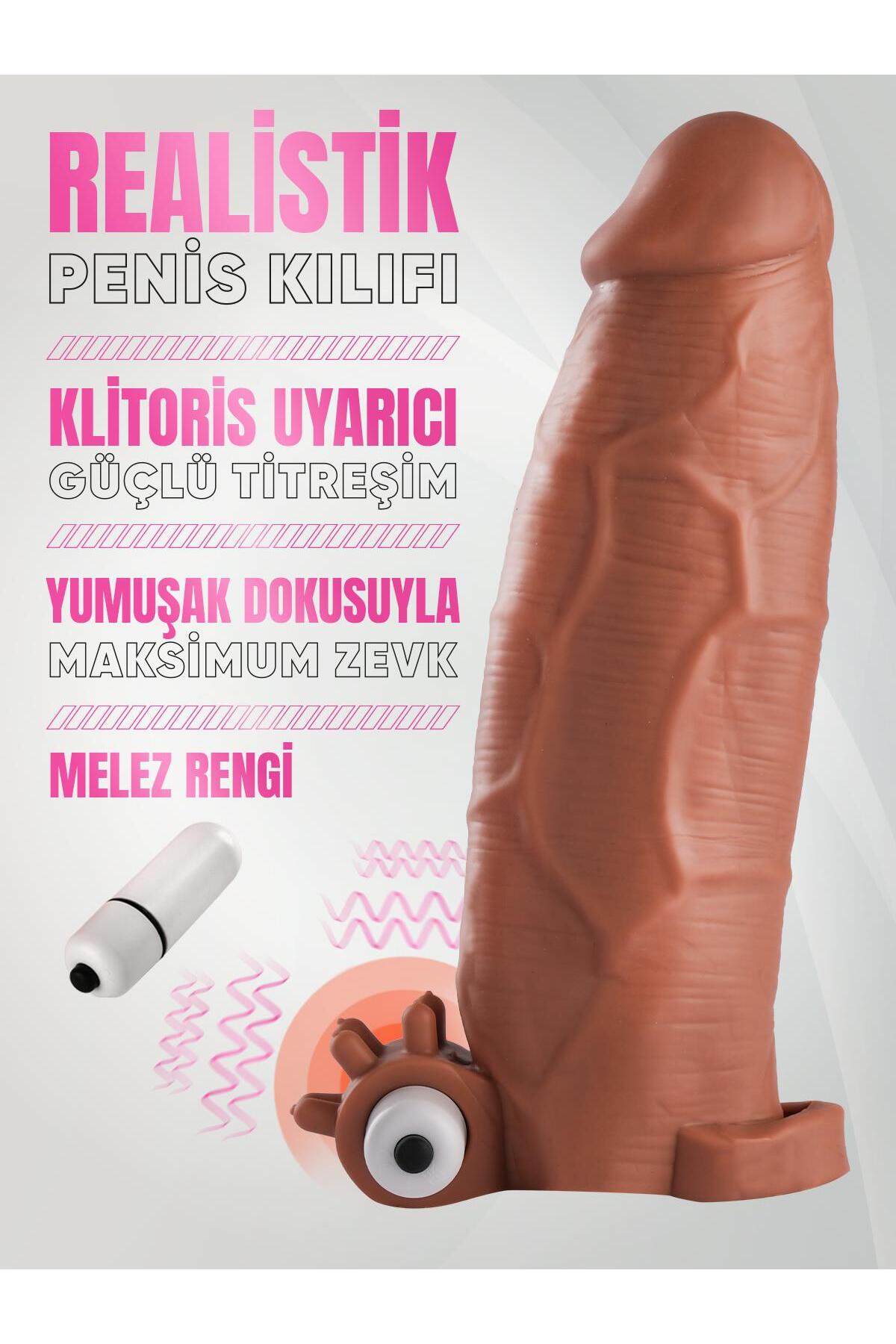 Gerçekçi Güçlü Titreşimli 5.5 Cm Uzatmalı Dolgulu 20 Cm Testis Tutacaklı Melez Kalın Penis Kılıfı