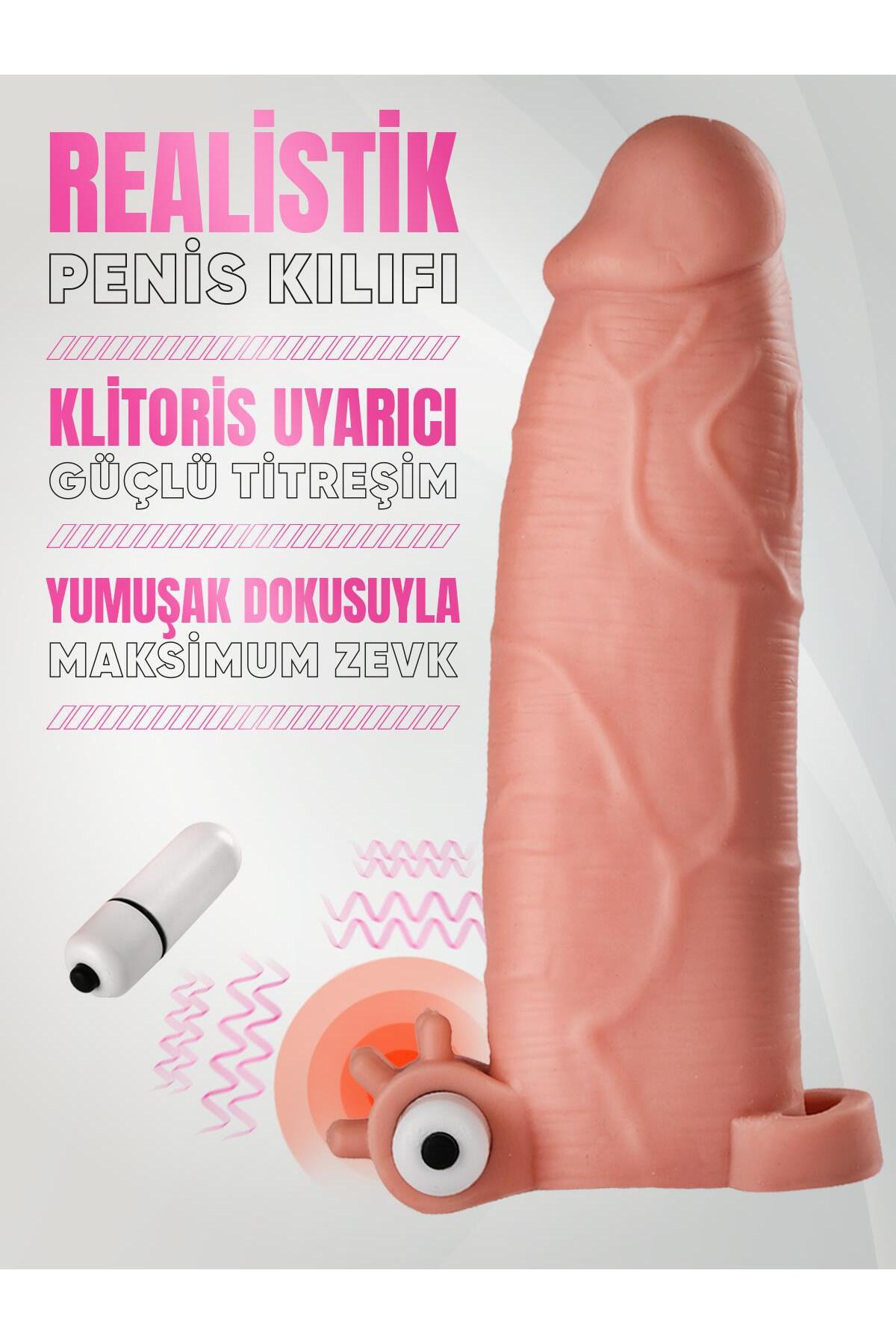 Testis Tutacaklı Güçlü Titreşimli Kalın 5.5 Cm Uzatmalı Dolgulu 20 Cm Gerçekçi Dokuda Penis Kılıfı