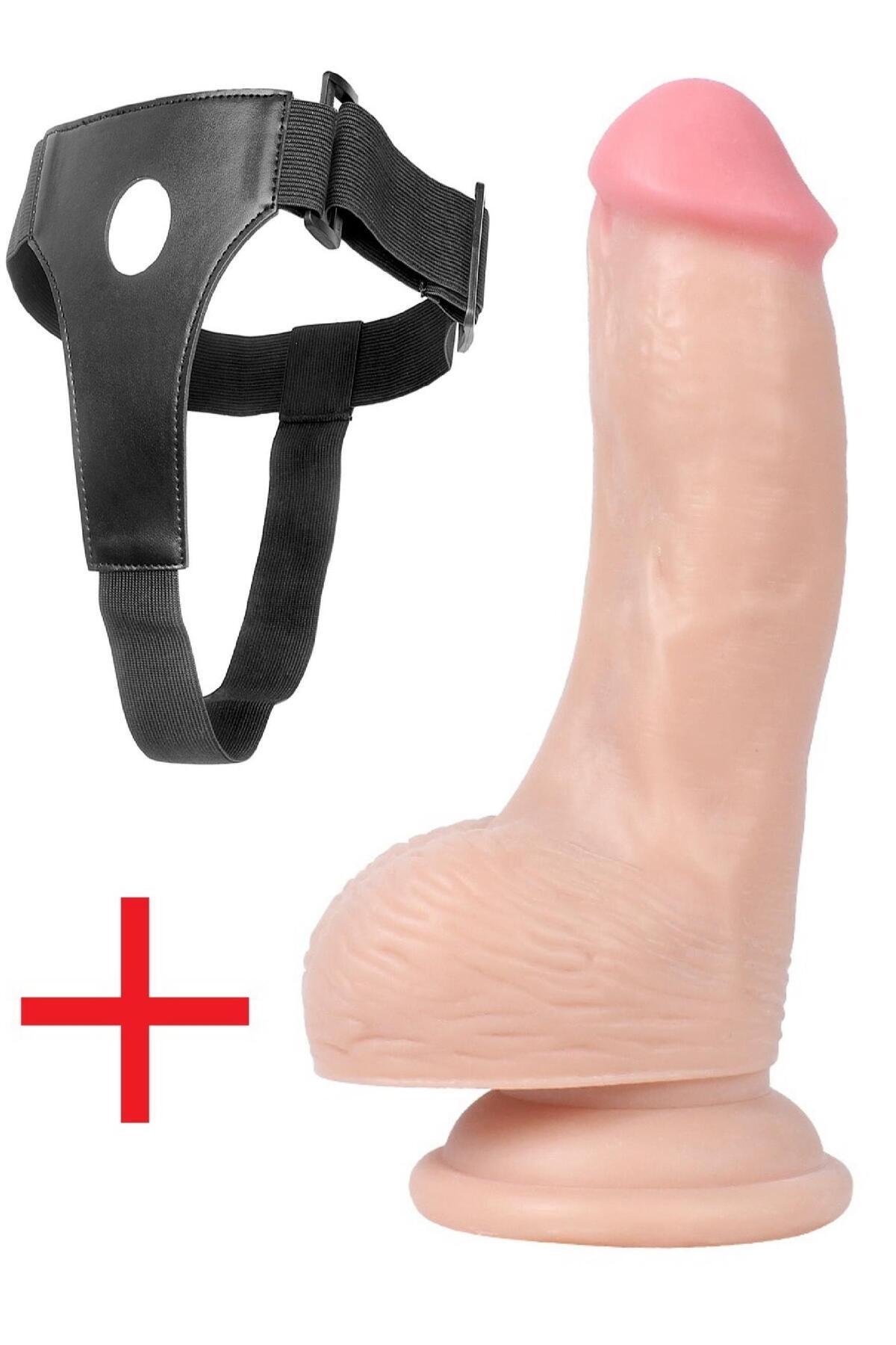 Belden Bağlamalı Deri Kemerli 22,5 Cm Kalın Ten Doku Hissiyatı Penis Vantuzlu Realistik Takma Dildo