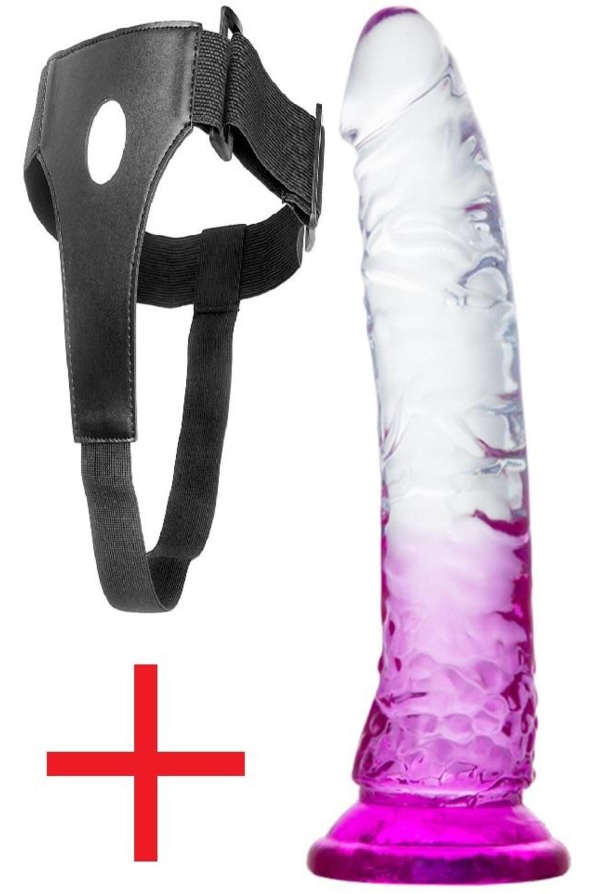 Yumuşak Şeffaf Mor Jel Doku 21 Cm Belden Bağlamalı Kemerli Vantuzlu Yumurtalıksız Takma Dildo Penis