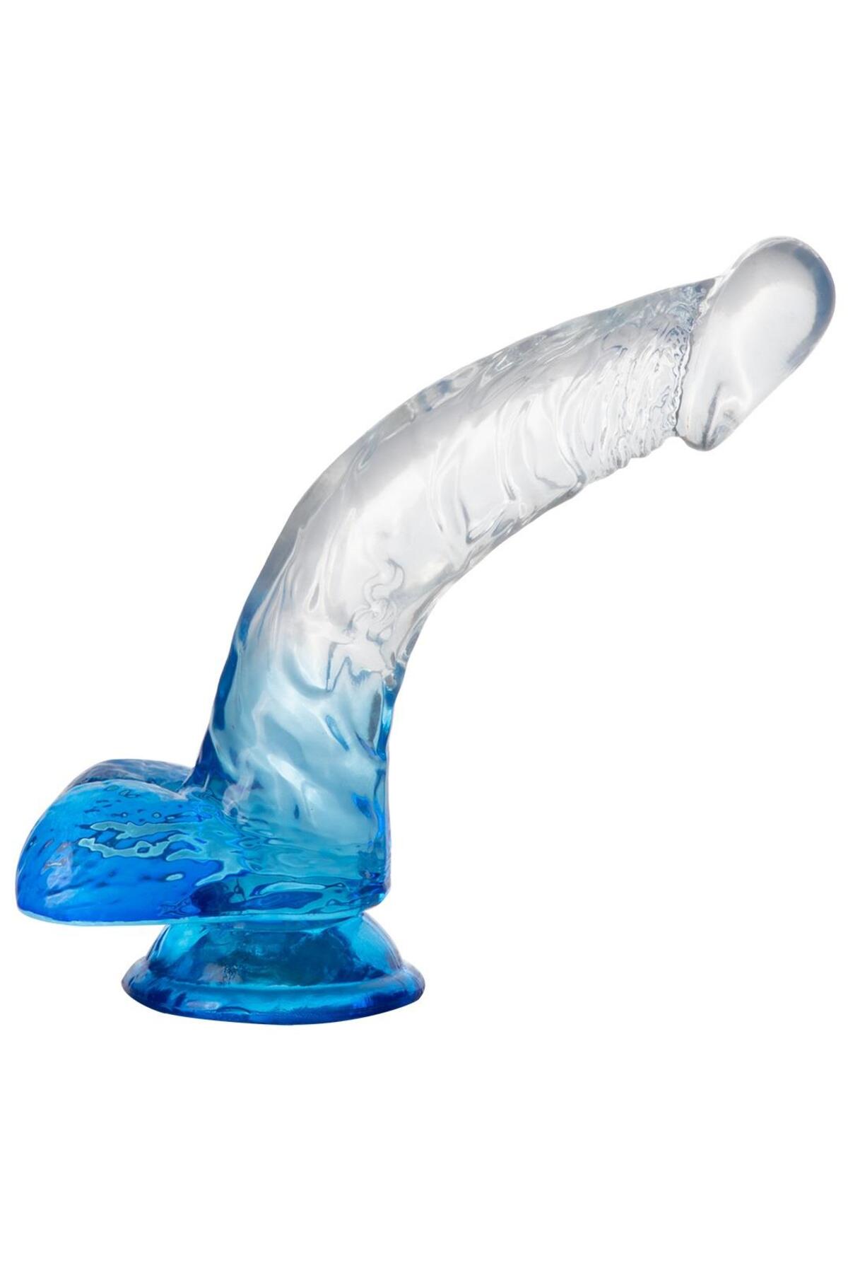 Güçlü Vantuzlu Ultra Yumuşak Jel Dokuda Penis Şeffaf Mavi 20 Cm Esnek Testisli Realistik Dildo