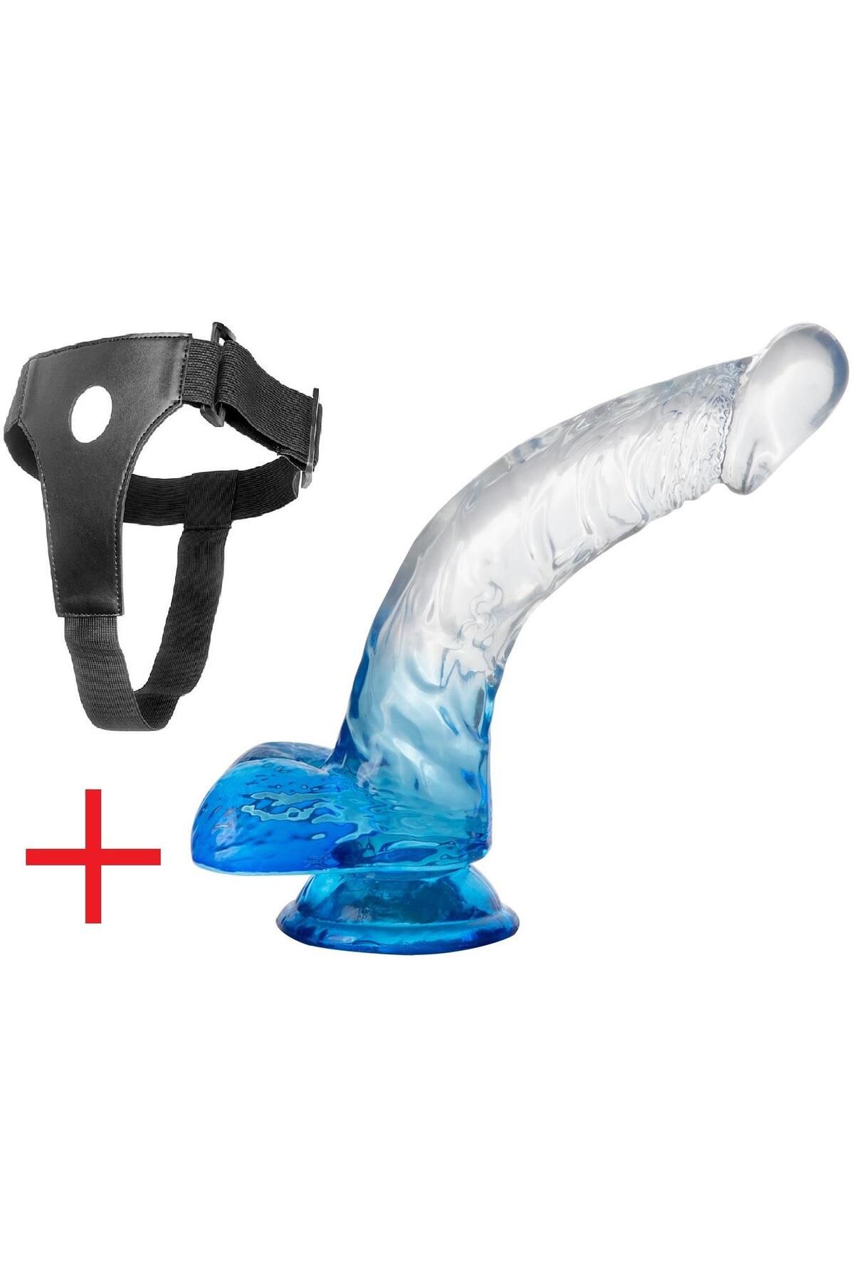 Kemerli Şeffaf Mavi Jel Dokulu 20 Cm Testis Detaylı Vantuzlu Realistik Aparat