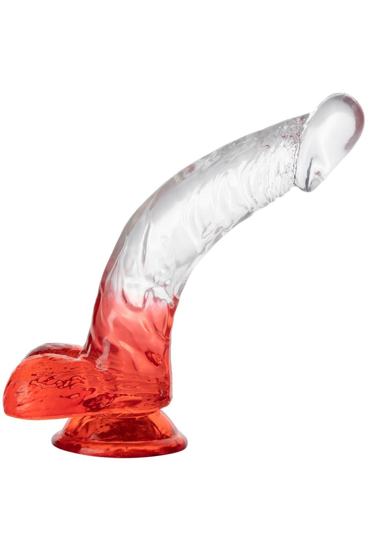 Şeffaf Kırmızı Jel Doku 20 Cm Esnek Ultra Yumuşak Jel Penis Güçlü Vantuzlu Testisli Realistik Dildo