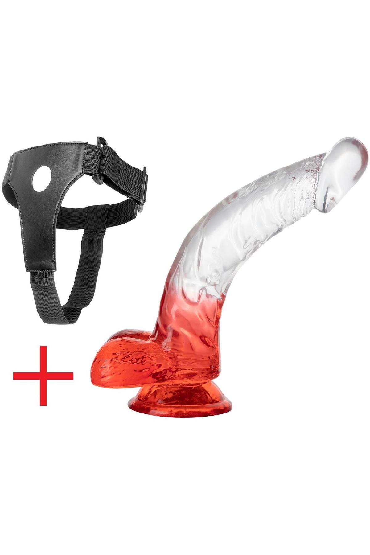 Testisli Belden Bağlamalı Şeffaf Kırmızı Jel Doku 20 Cm Kemerli Vantuzlu Realistik Takma Dildo Penis