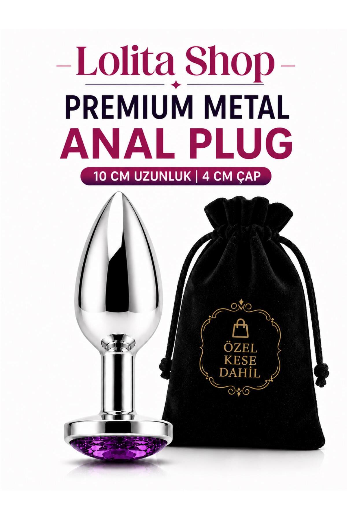 Gümüş Metal Mor Mücevher Taşlı 10 Cm Anüs Plug Alıştırıcı ve Genişletici Tıkaç