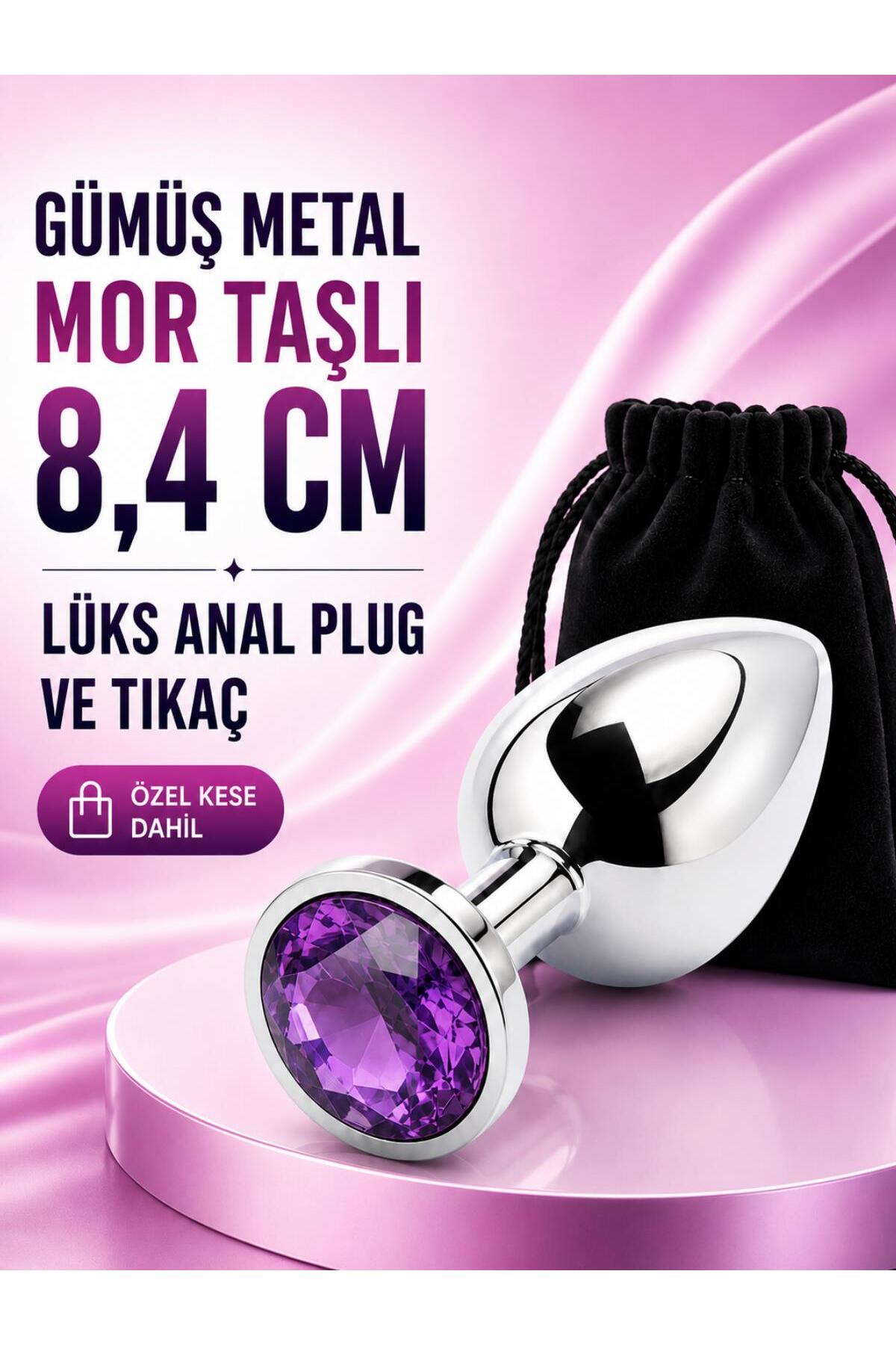 Gümüş Metal Mücevher Mor Taşlı 8,4 Cm Anüs Tıkacı ve Alıştırıcı Lüks Plug