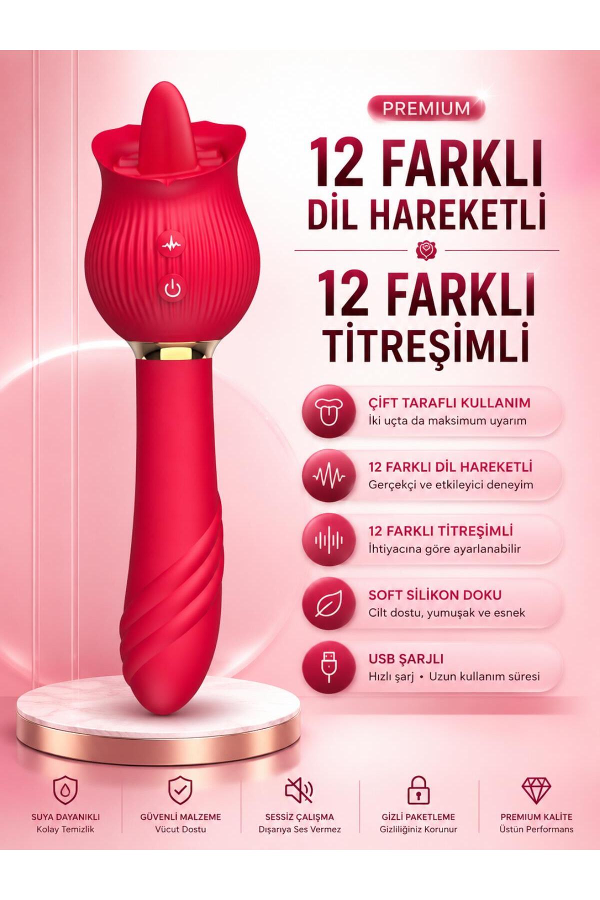 Aşağı Yukarı Hareketli 12 Mod Titreşimli Çift Taraflı Şarjlı Silikon Vibratör