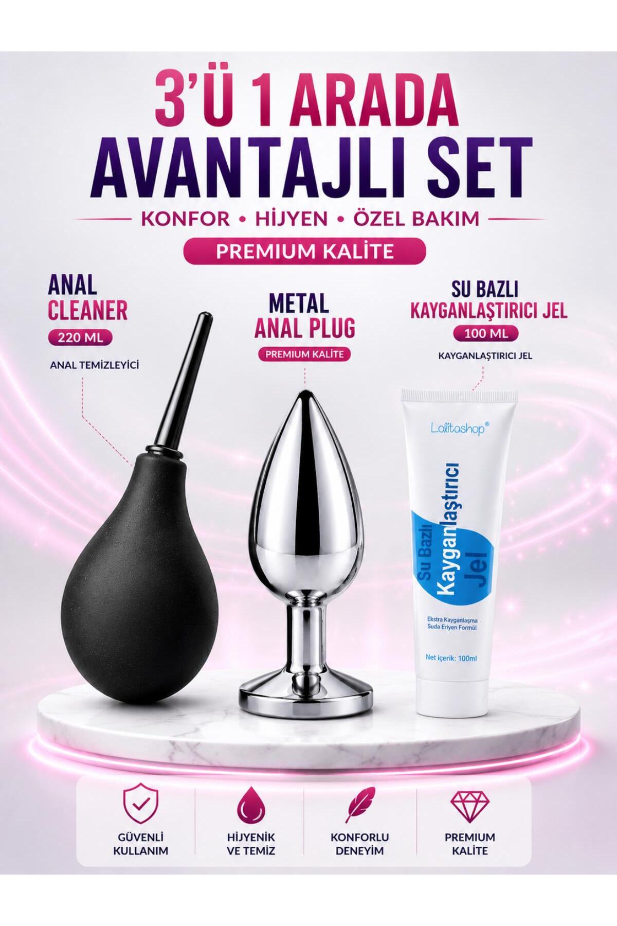 3'ü 1 Arada Anüs Bakım Seti Gümüş Metal Plug Temizleyici Pompa 100 ML Su Bazlı Jel