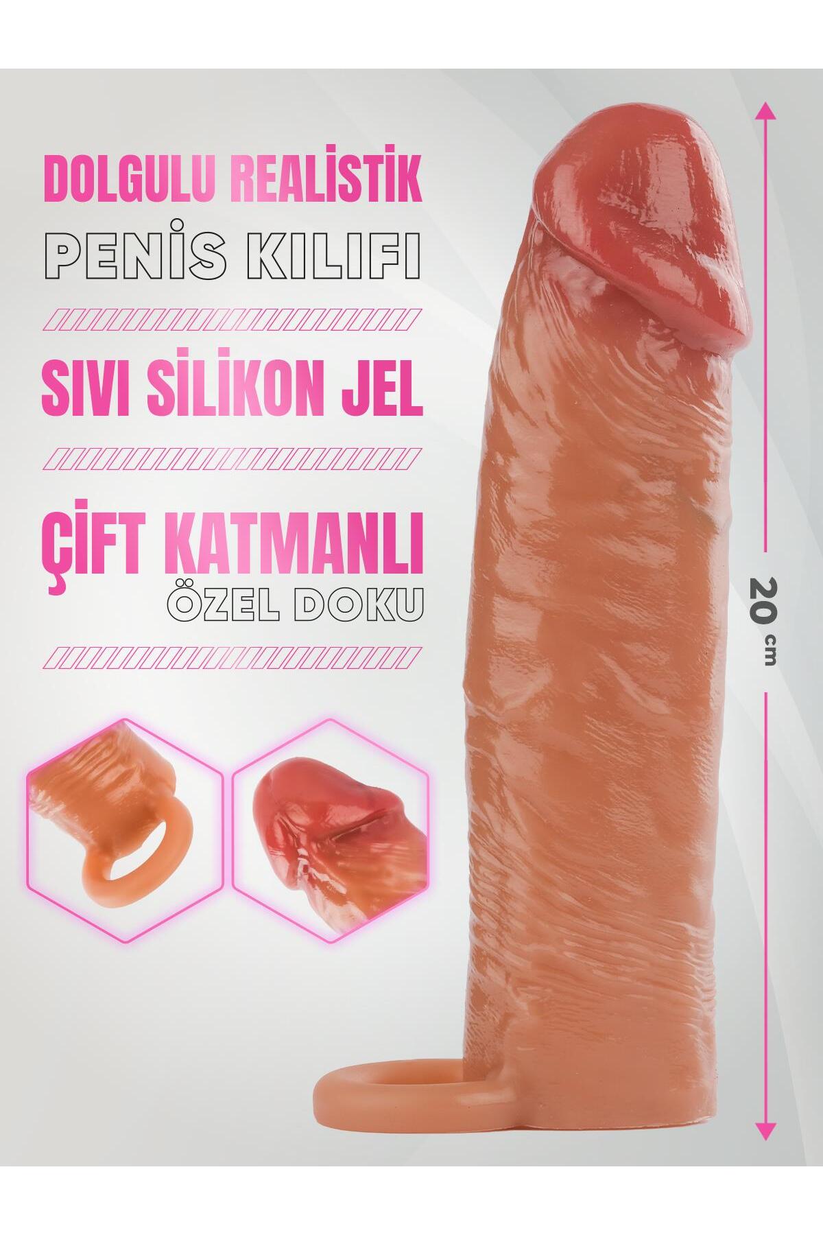 Soft Çift Katmanlı 20 Cm Testis Geçirmeli 4 Cm Uzatmalı Dolgulu Sıvı Silikon Erkek Kılıfı