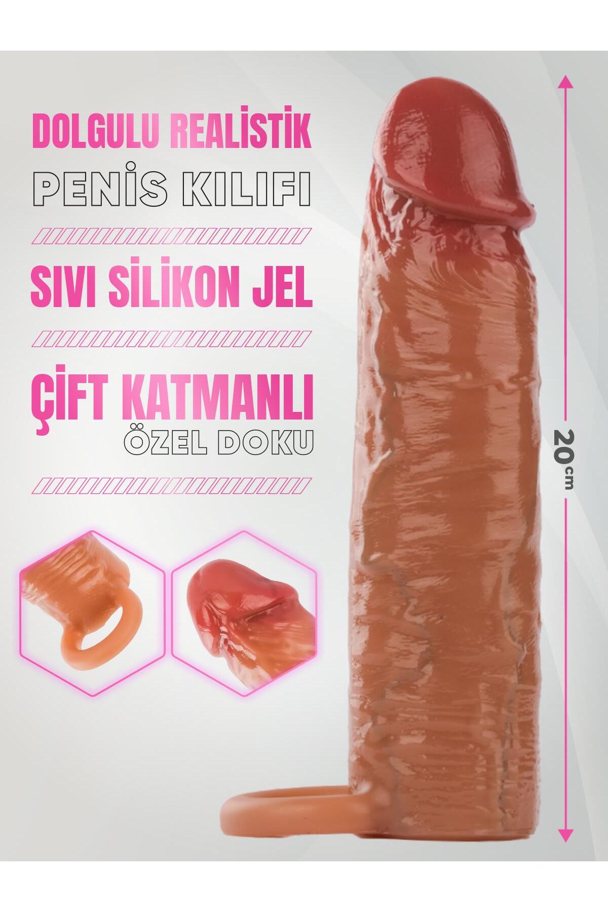 Uzatmalı Çift Katmanlı Soft Sıvı Silikon 20 Cm Testis Geçirmeli 3 Cm Dolgulu Kılıf