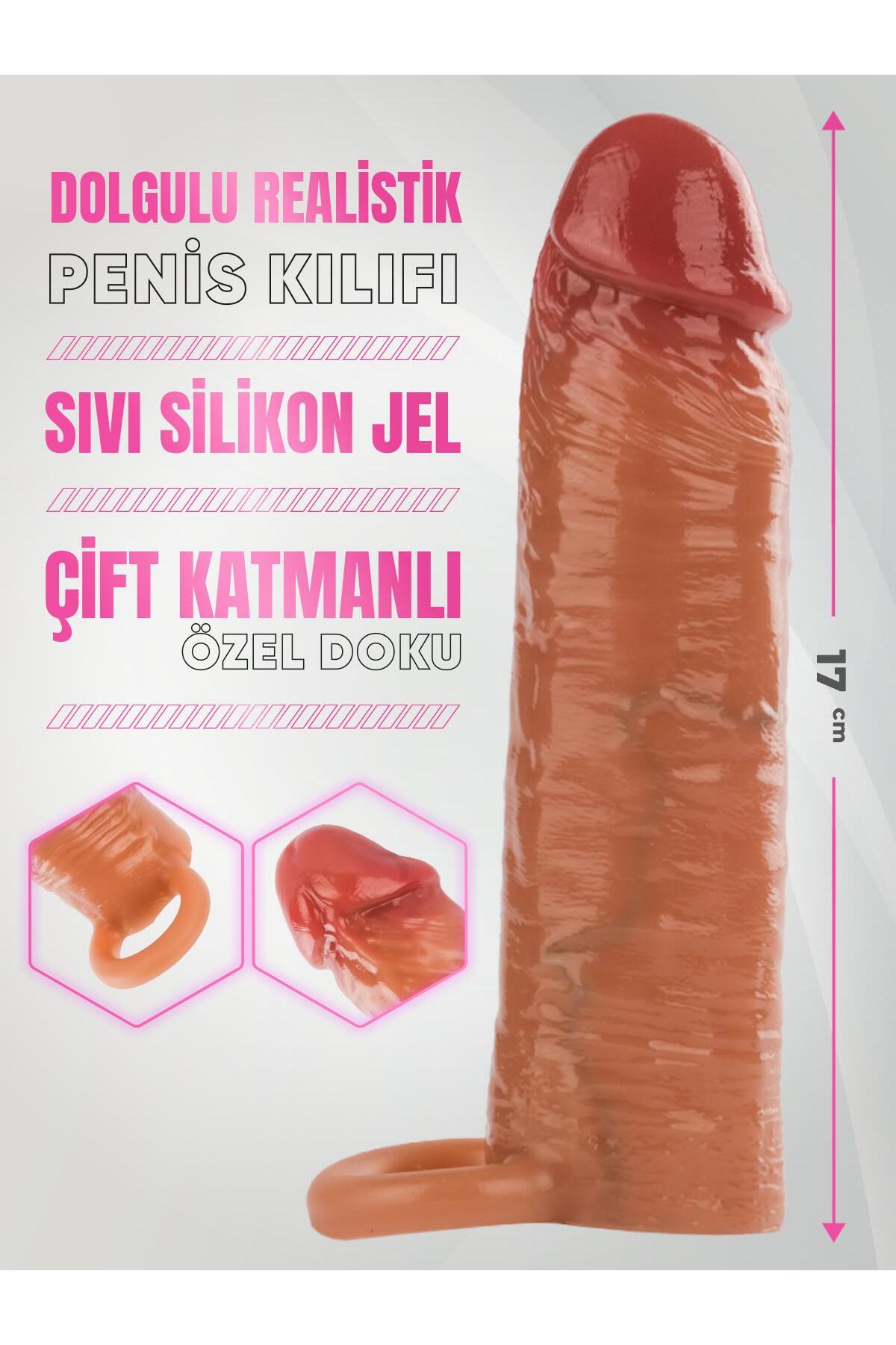 Sıvı Silikon Dolgulu Çift Katmanlı 17 Cm Testis Geçirmeli 2,5 Cm Uzatmalı Kılıf