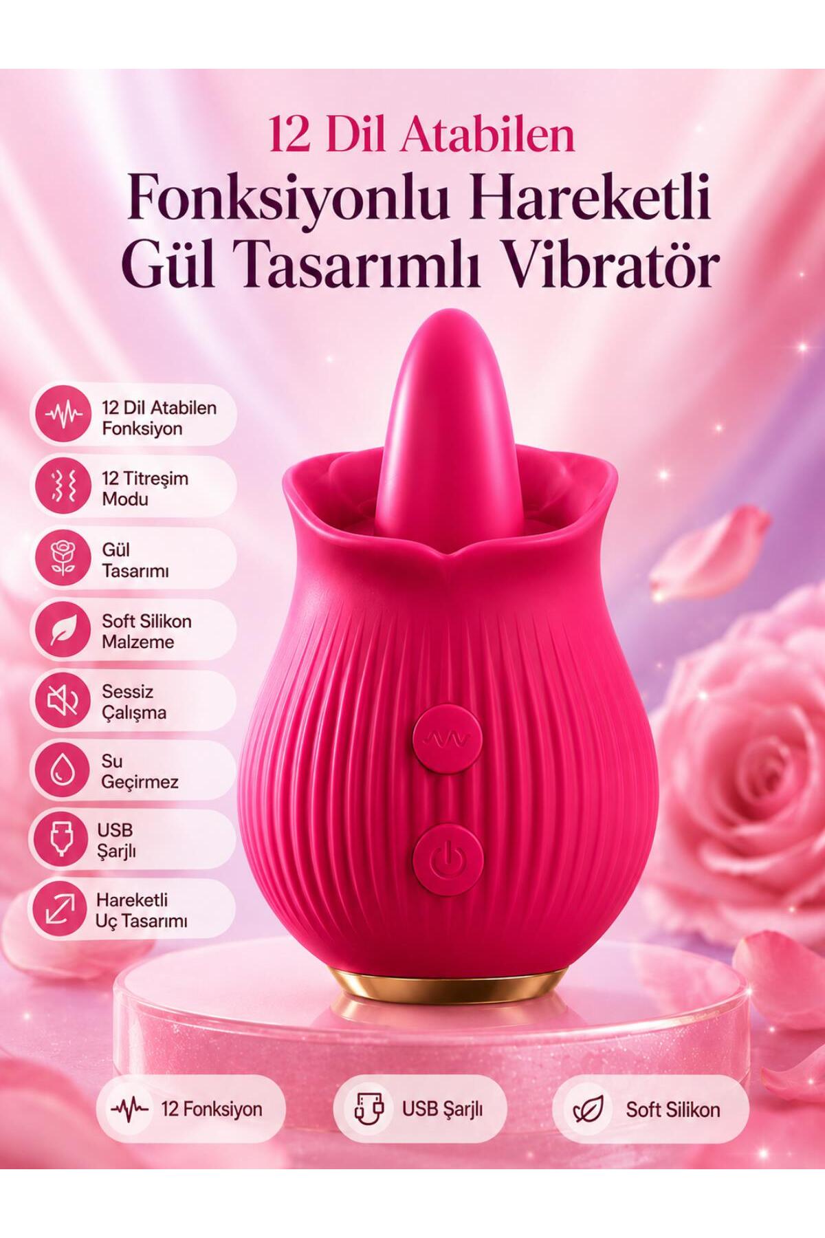 Gül Tasarımlı Usb Şarjlı 12 Farklı Hareketli Dil Atabilen Ve Titreşimli Klitoris Uyarıcılı Vibratör