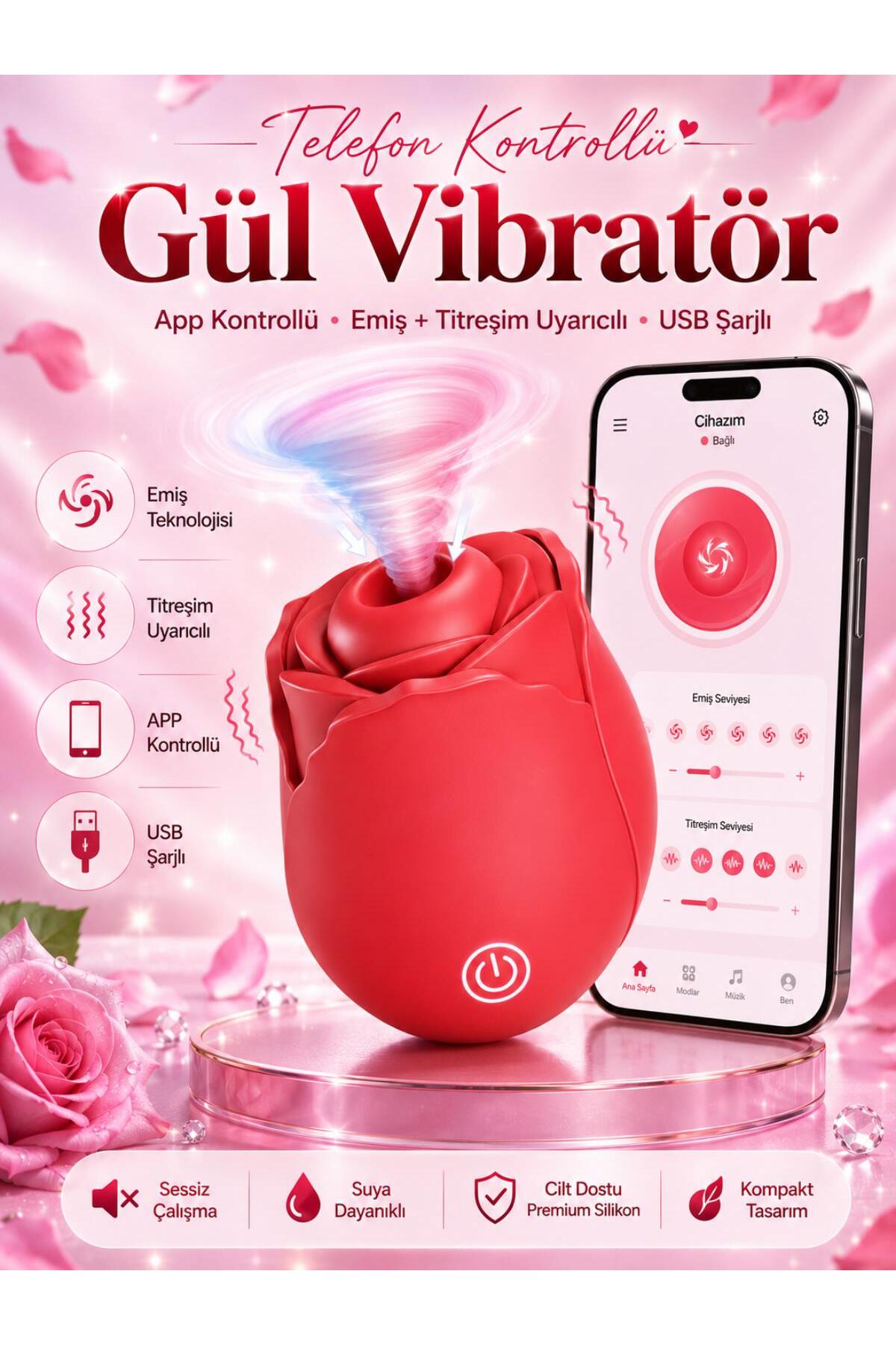 App Telefon Kontrollü Göğüs Ucu ve Hassas Dış Bölge Emiş Titreşimli Şarjlı Silikon Gül Vibratör