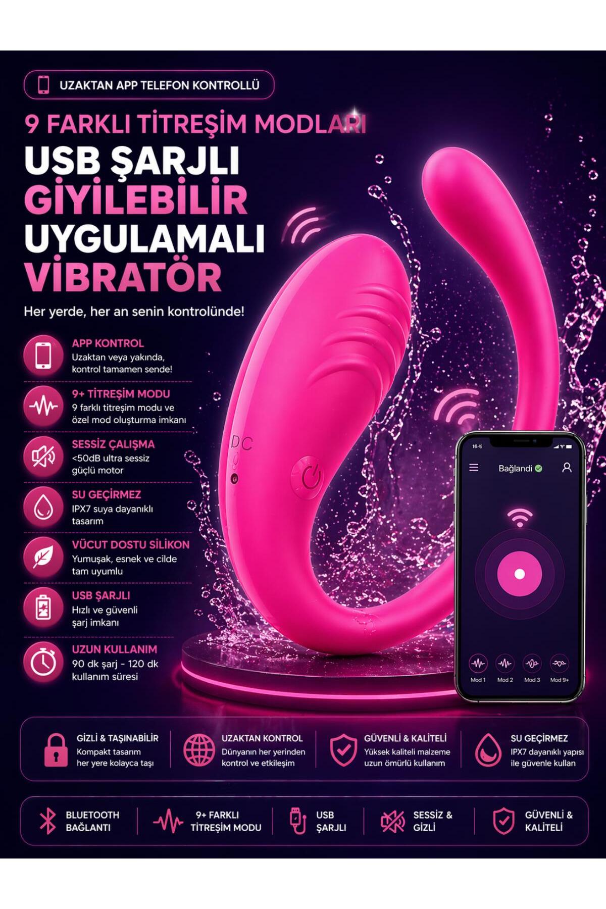 Uzaktan App Telefon Kontrollü 9 Farklı Titreşim Modları Usb Şarjlı Giyilebilir Uygulamalı Vibratör