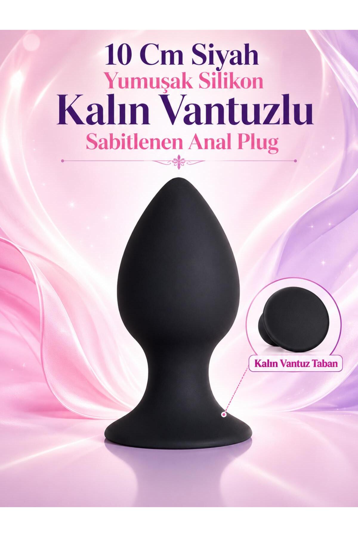 Soft Silikon Dokulu Güçlü Vantuzlu Kalın 10 Cm Anüs Alıştırıcı Siyah Plug ve Tıkaç
